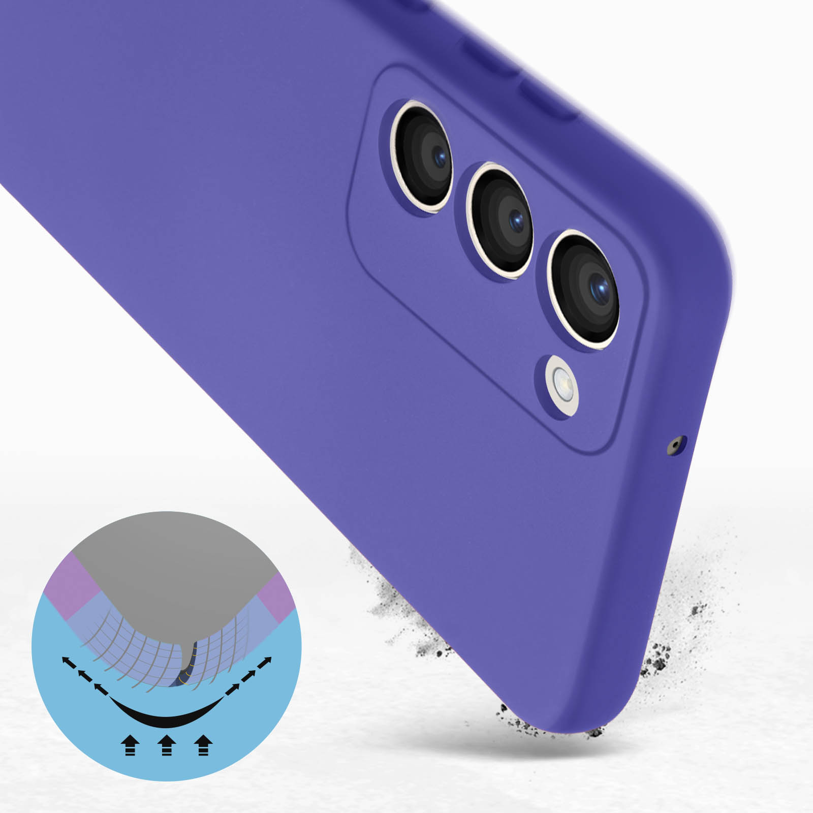 Custodia per telefono viola, con effetto sfocato e un diagramma che mostra l'assorbimento degli urti.