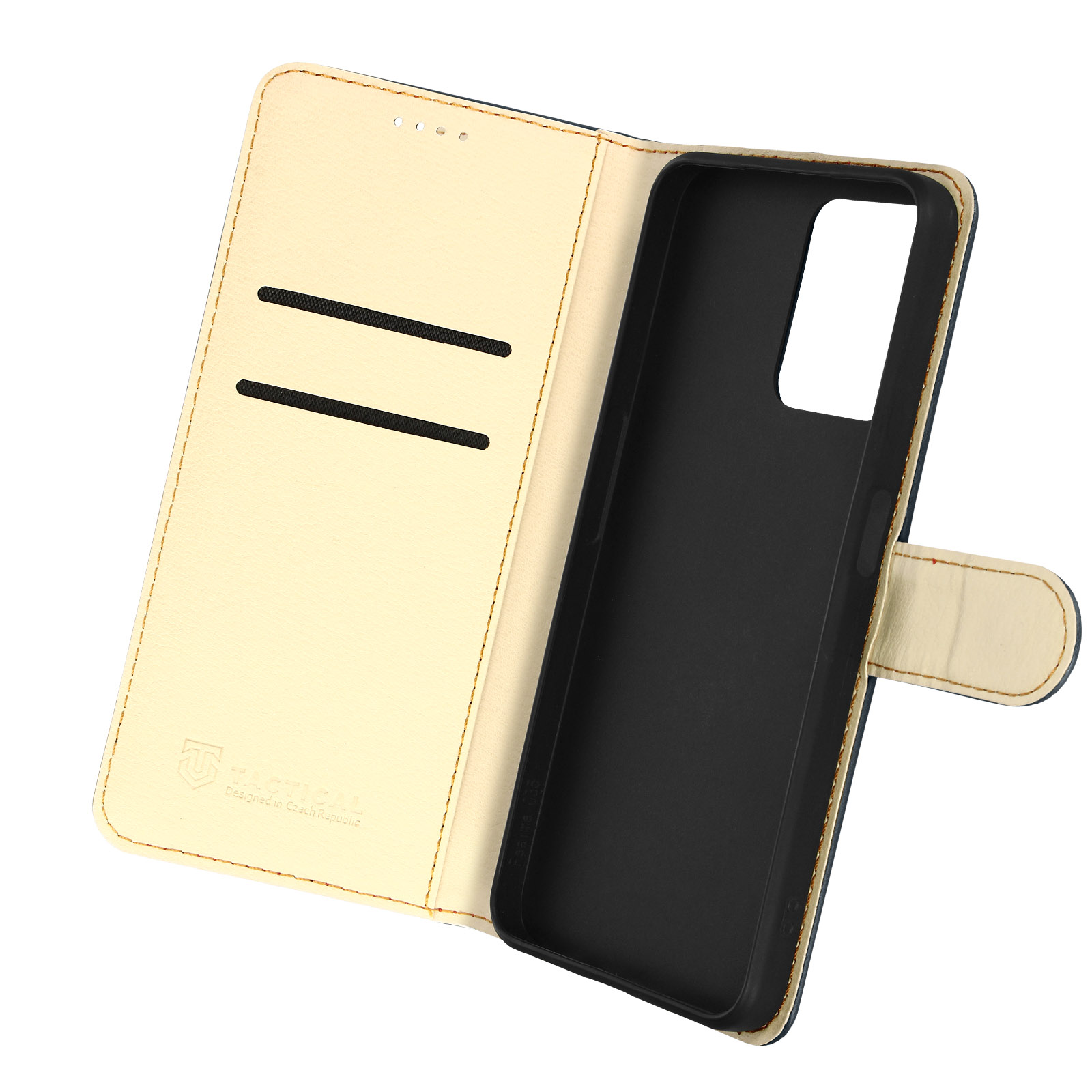 Una custodia per telefono aperta, esterno beige, interno nero. Lo sfondo è bianco.