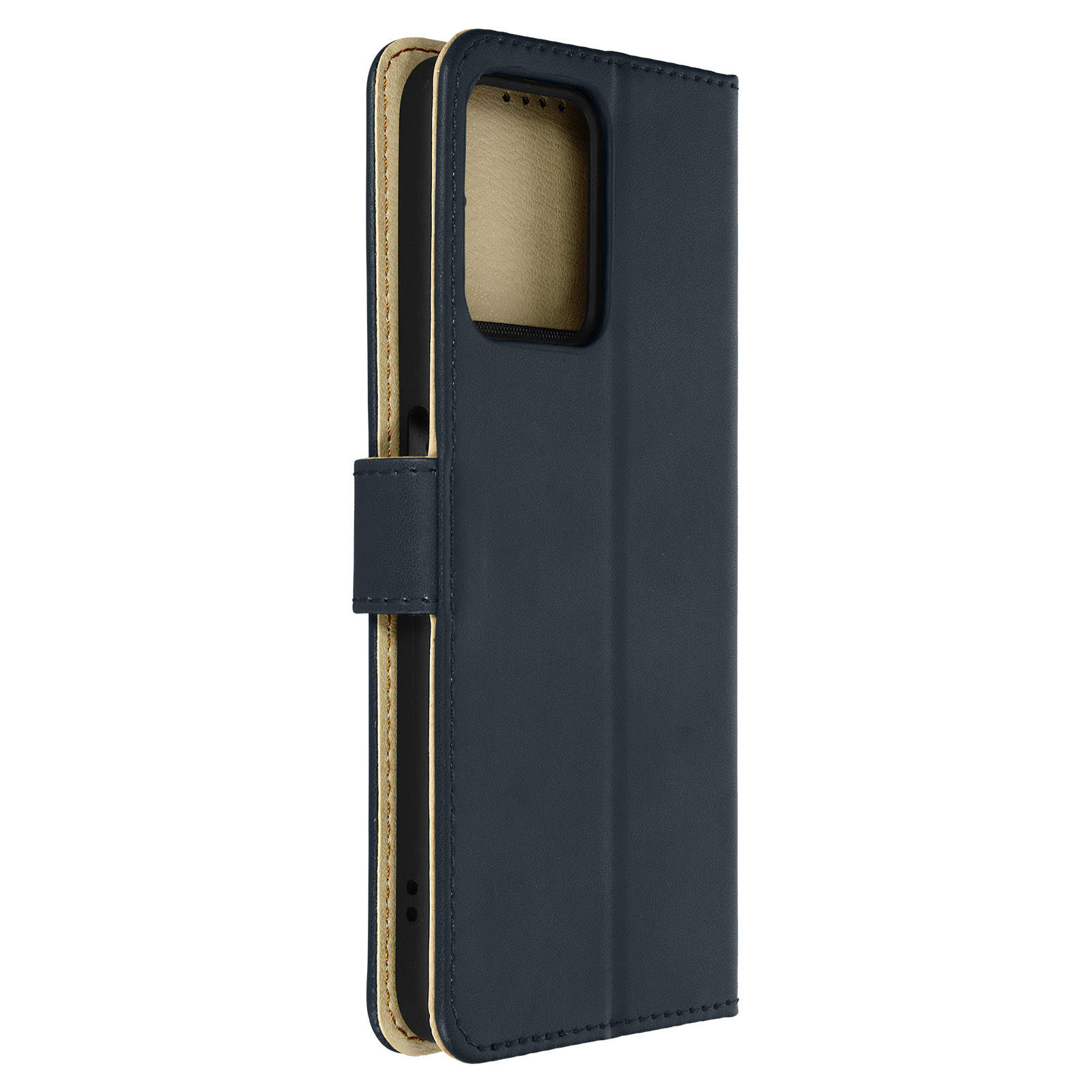 Custodia per telefono blu scuro chiusa, con interno beige e chiusura magnetica.