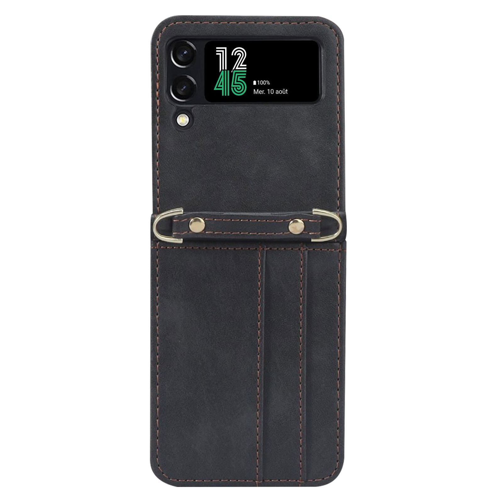 Una custodia per telefono nera, aperta, con un telefono e due slot per schede visibili. Il telefono mostra un orologio.