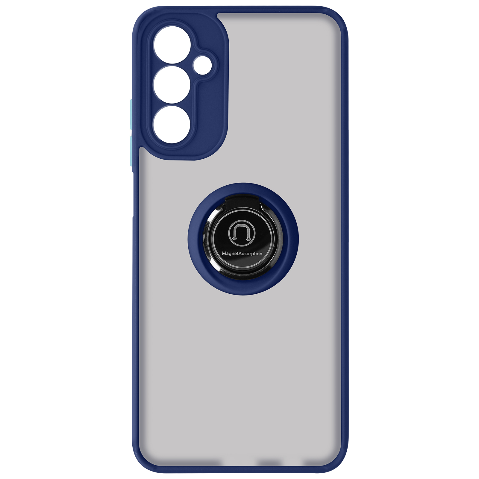 Custodia per telefono, blu, con supporto ad anello e ritagli fotocamera.