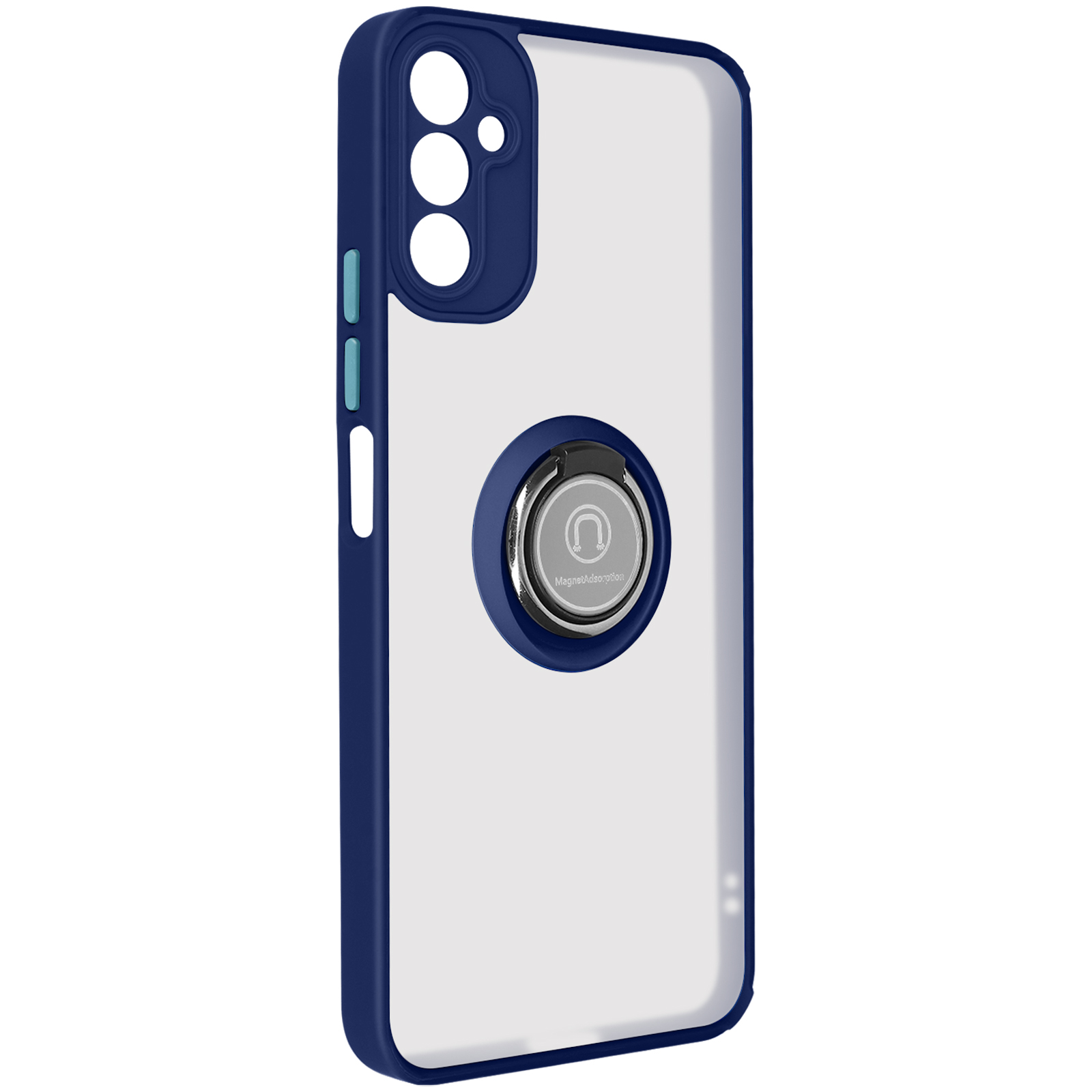 Custodia per telefono blu con supporto ad anello. Retro trasparente. Sfondo bianco.