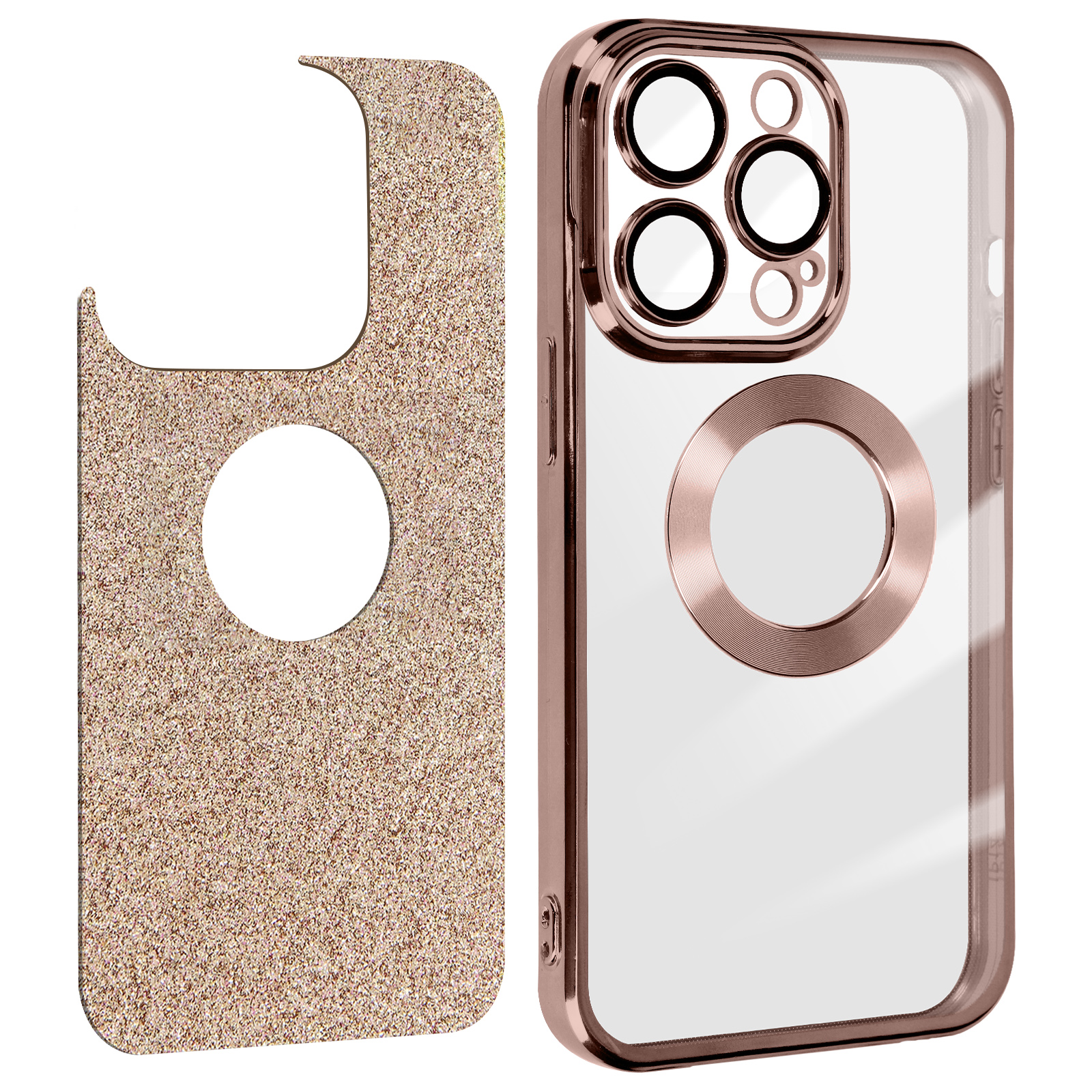 Una custodia per telefono con un telefono all'interno. La custodia ha una cornice dorata e protezione per la fotocamera.