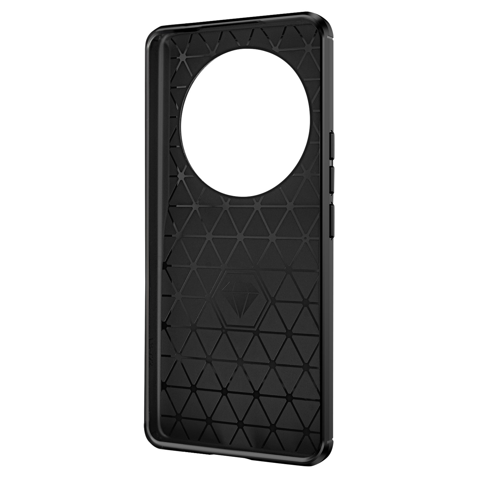 Interno della custodia del telefono nero con un motivo triangolare. Mostrando l'interno.