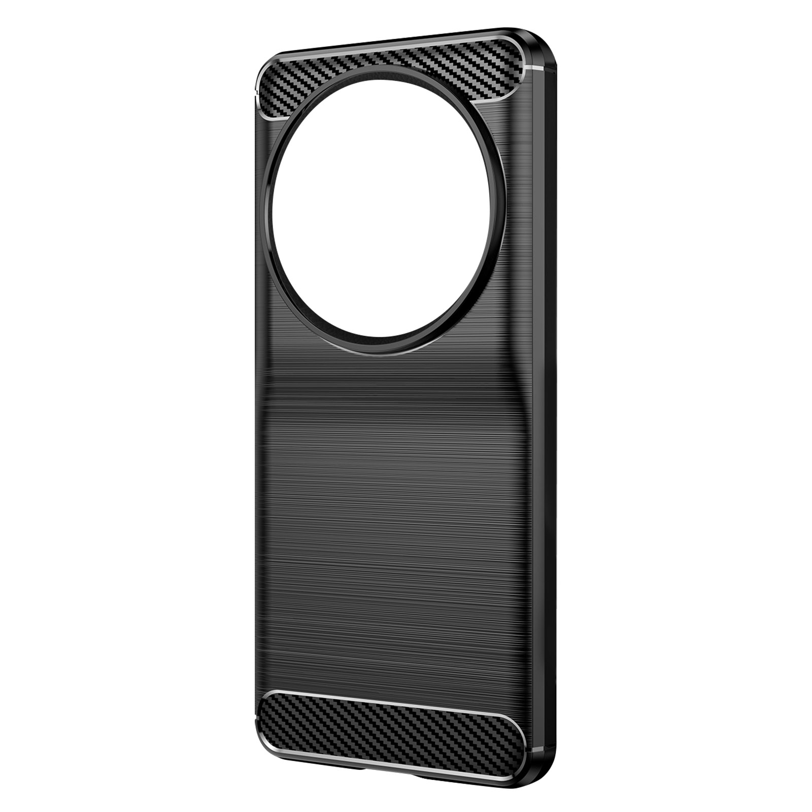 Custodia nera per telefono con grande ritaglio per fotocamera. Accenti in fibra di carbonio.