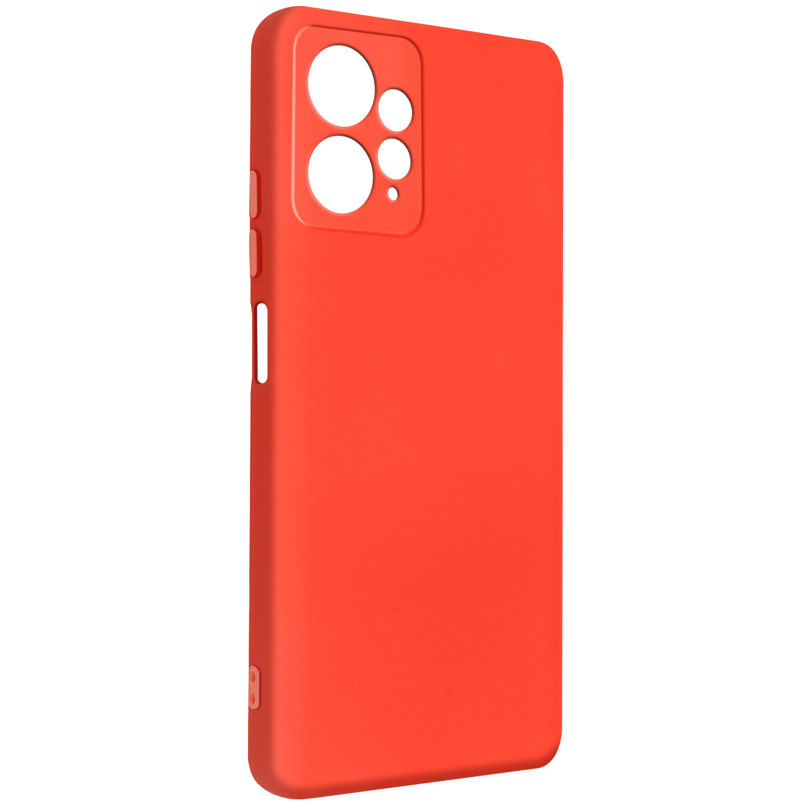 Una custodia per telefono rosso brillante con ritagli per la fotocamera, che mostra il retro del telefono, isolata su sfondo bianco.