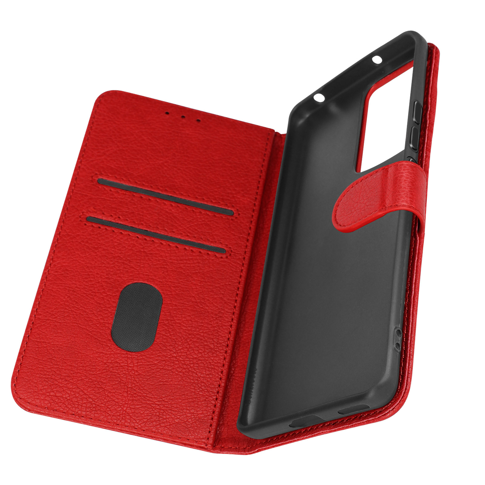Custodia per telefono in pelle rossa, aperta. Interno nero con fori.