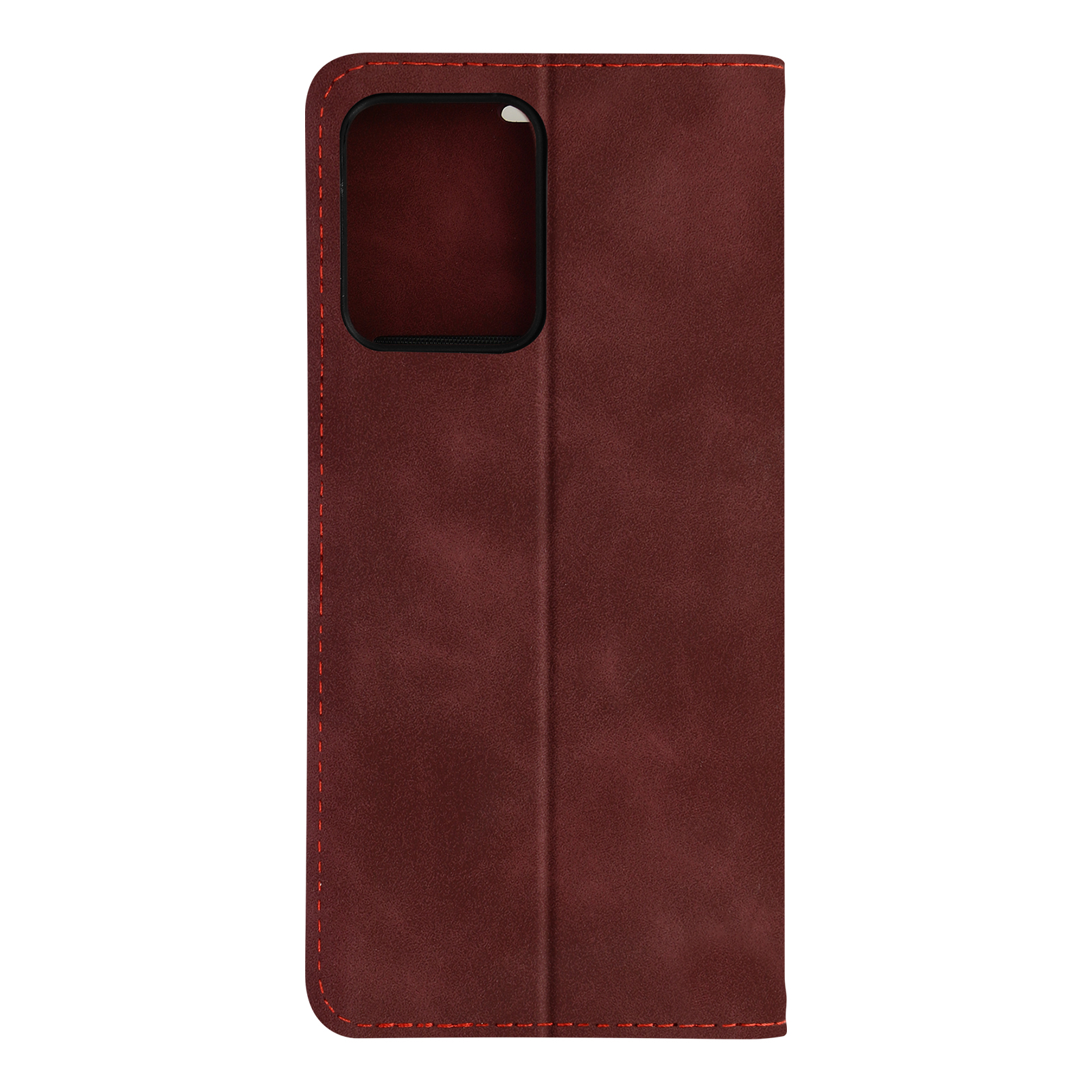 Una custodia per telefono bordeaux, con un ritaglio a forma di telefono. Cuciture rosse visibili sul bordo.