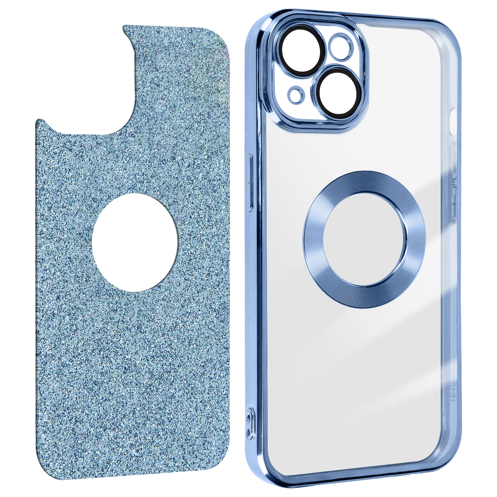 Custodia blu per telefono con retro glitterato e frontale trasparente. Anello magnetico e ritaglio fotocamera.