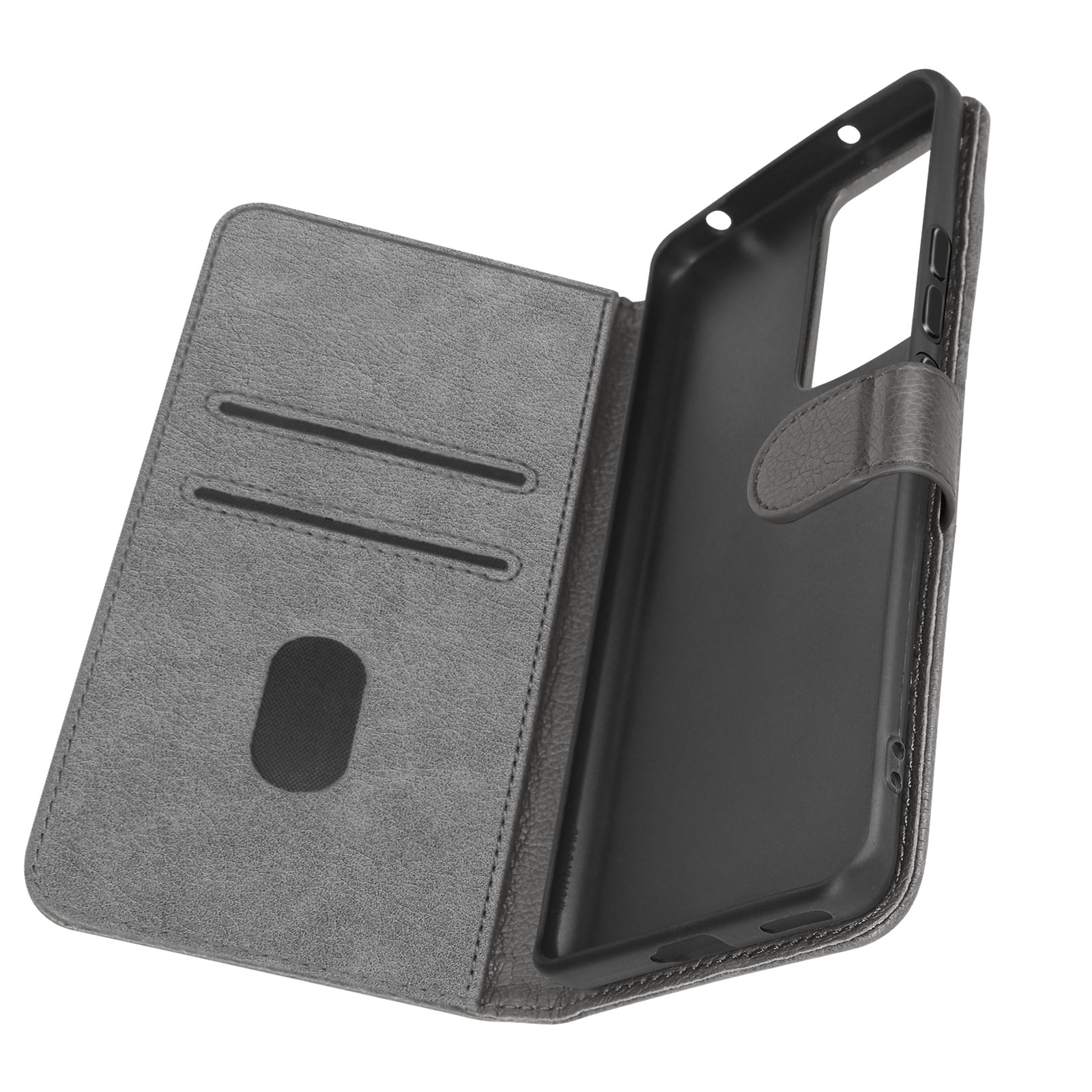 Una custodia per telefono grigia aperta con fessure per carte e un telefono nero all'interno, su sfondo bianco.