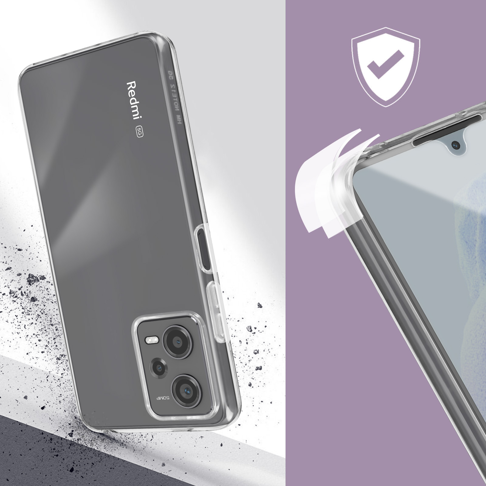 Una custodia trasparente su un telefono grigio, che mostra il modulo della fotocamera.