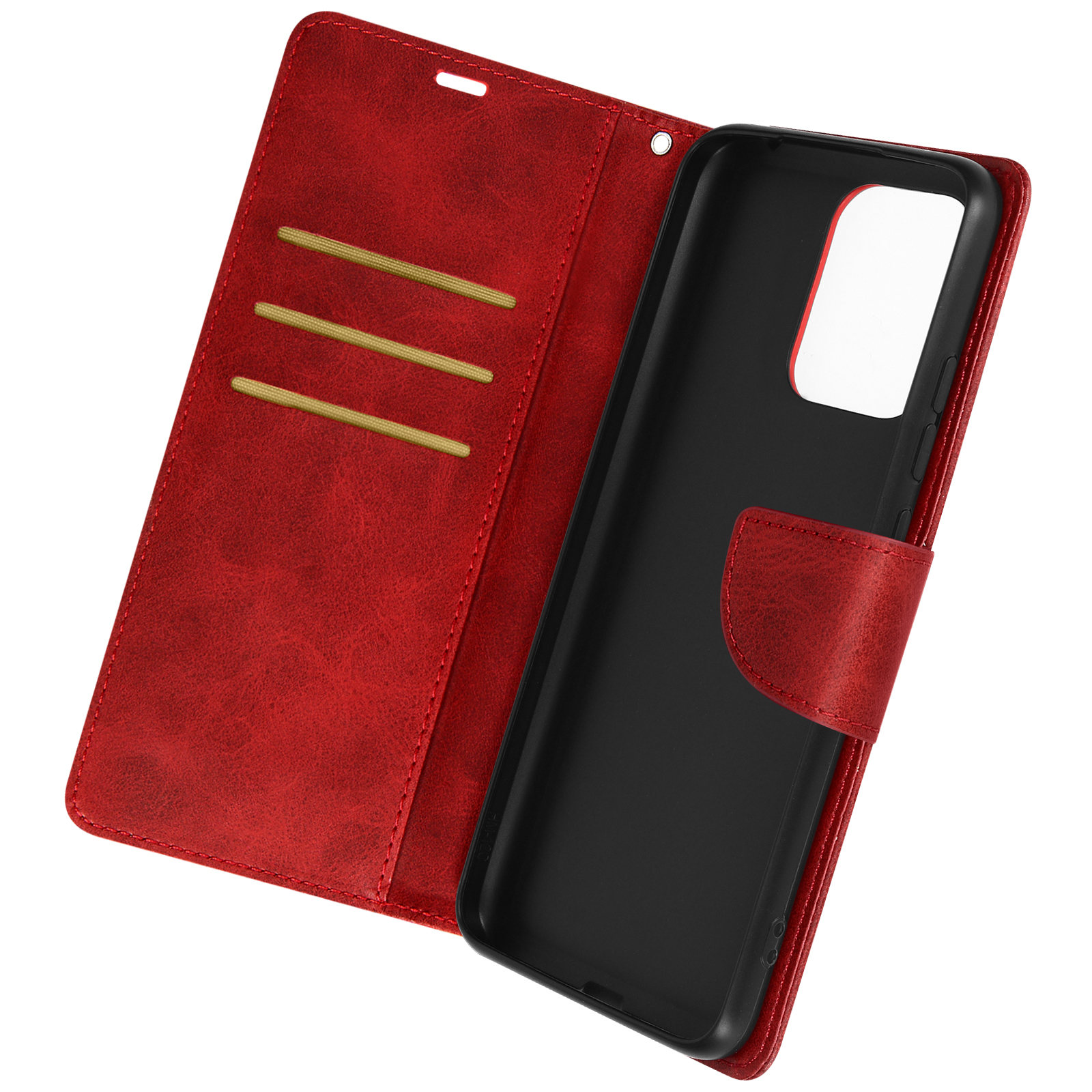 Un étui de téléphone en cuir rouge avec des fentes pour cartes et un téléphone à l'intérieur.
