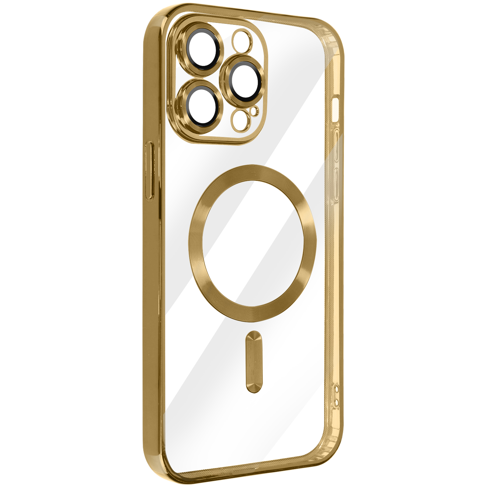 Una custodia trasparente per telefono con una cornice dorata e un anello magnetico dorato. La custodia è su sfondo bianco.