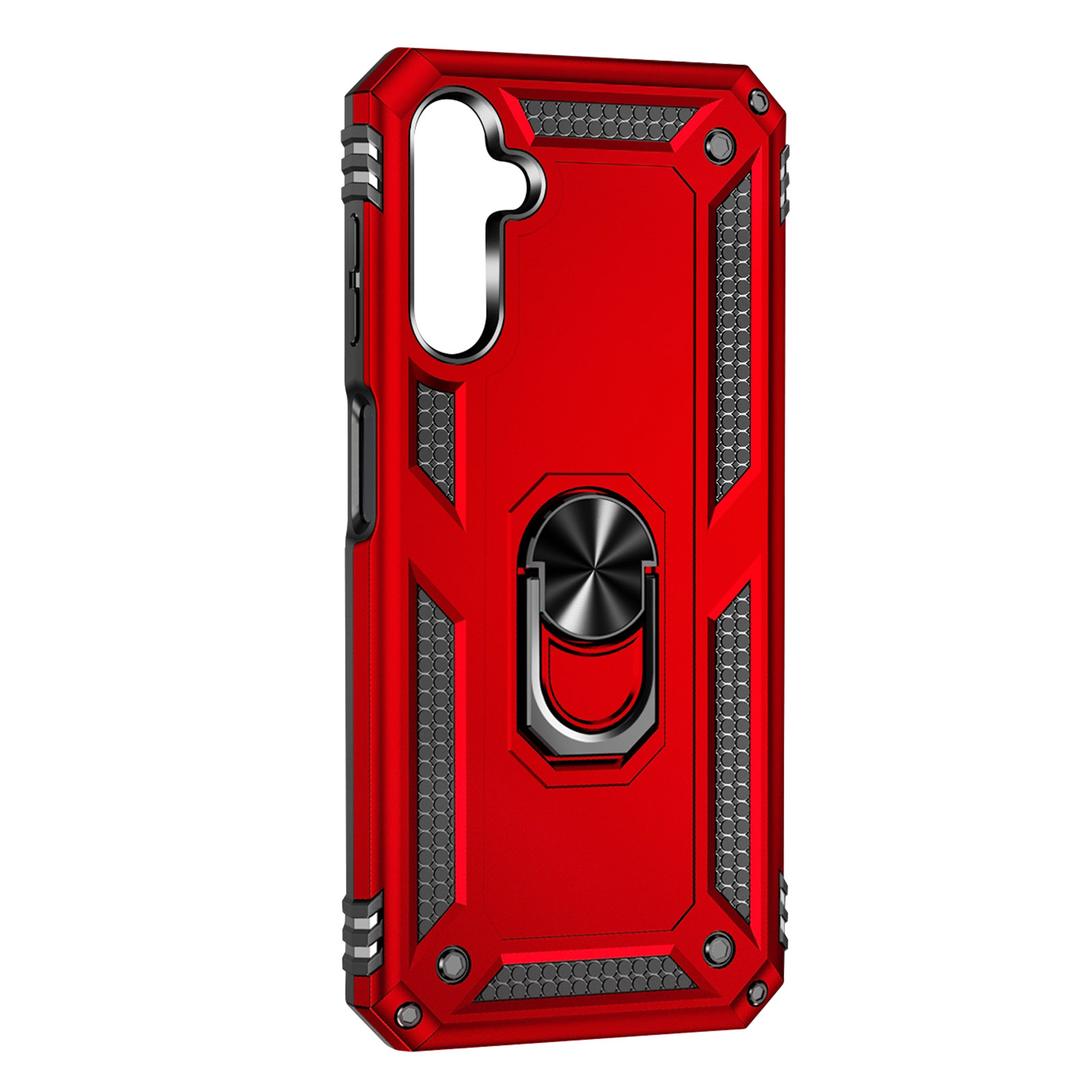 Custodia rossa con anello metallico e fori per fotocamera. Design geometrico.