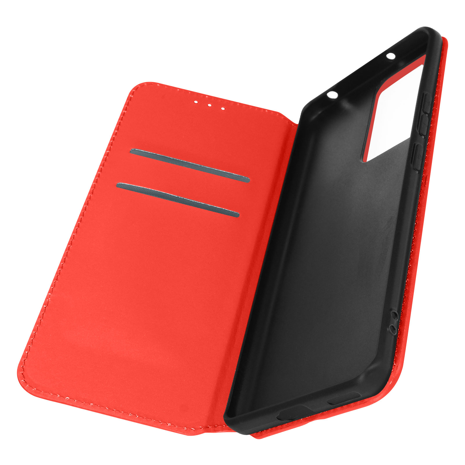 Una custodia rossa per telefono aperta, che rivela l'interno con fessure per carte e una cornice nera per telefono.