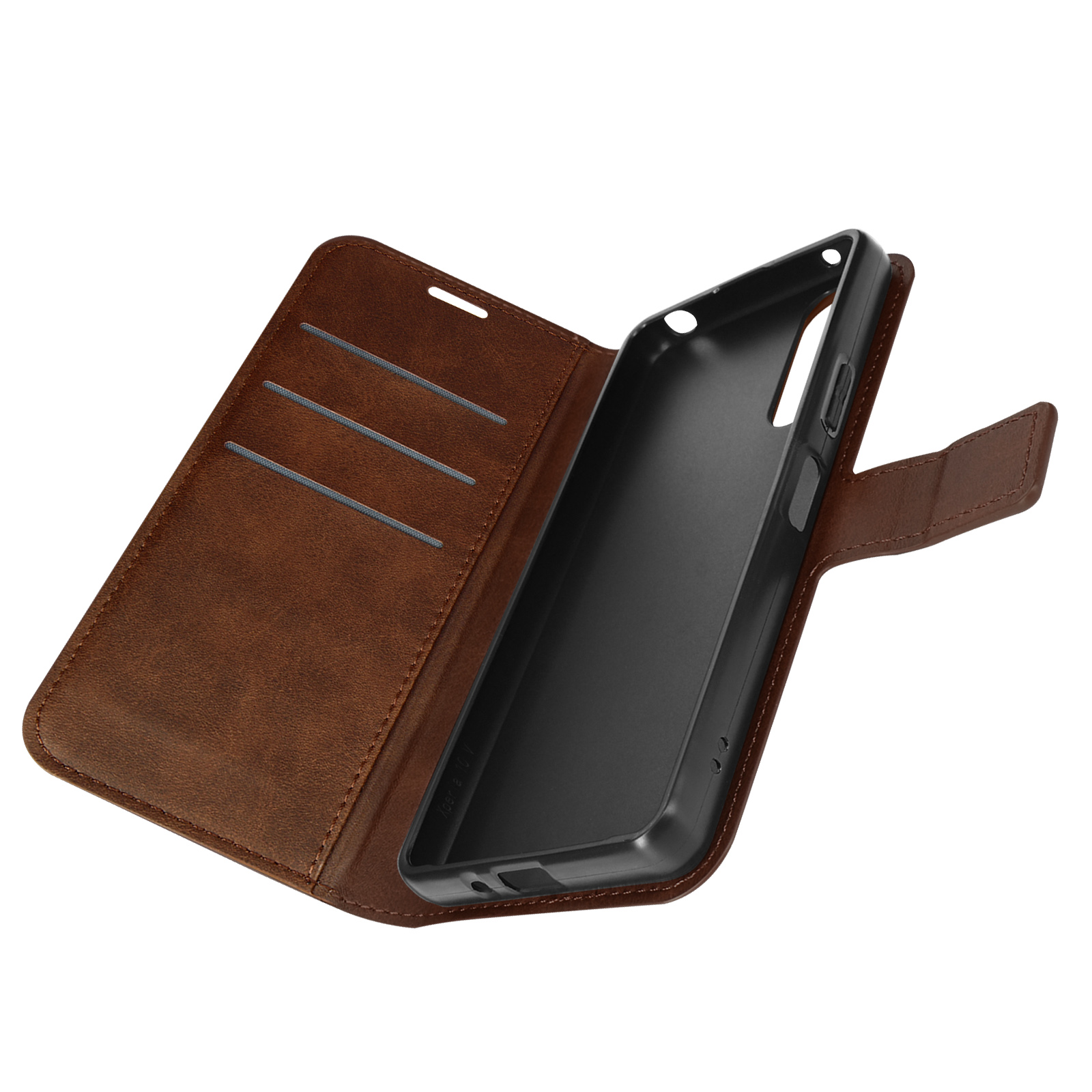 Geöffnete braune Leder-Handyhülle mit schwarzem Telefonhalter und Kartenfächern.