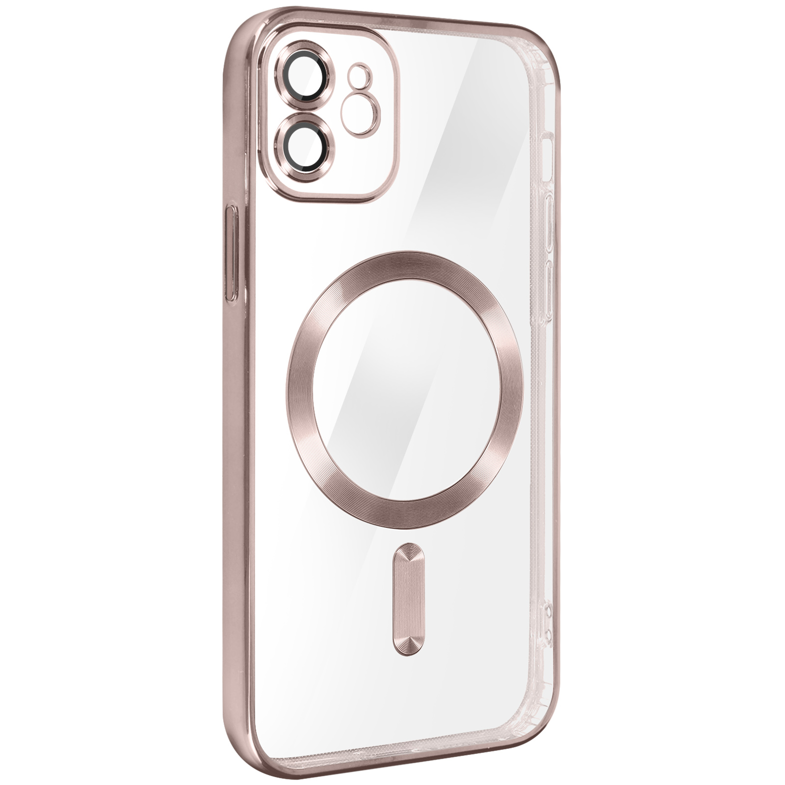 Custodia trasparente oro rosa con dettagli fotocamera e anello. Sfondo bianco.