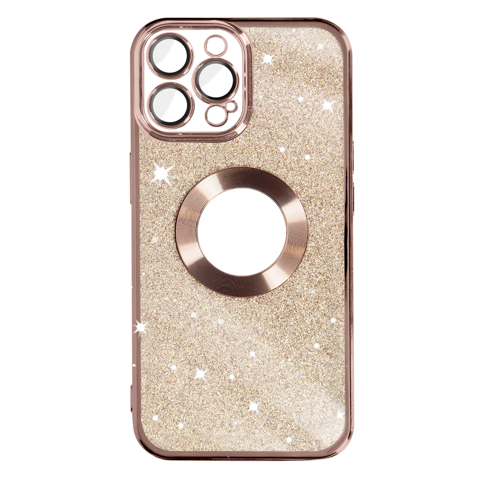 Funda dorada brillante con patrones de estrellas y un anillo.