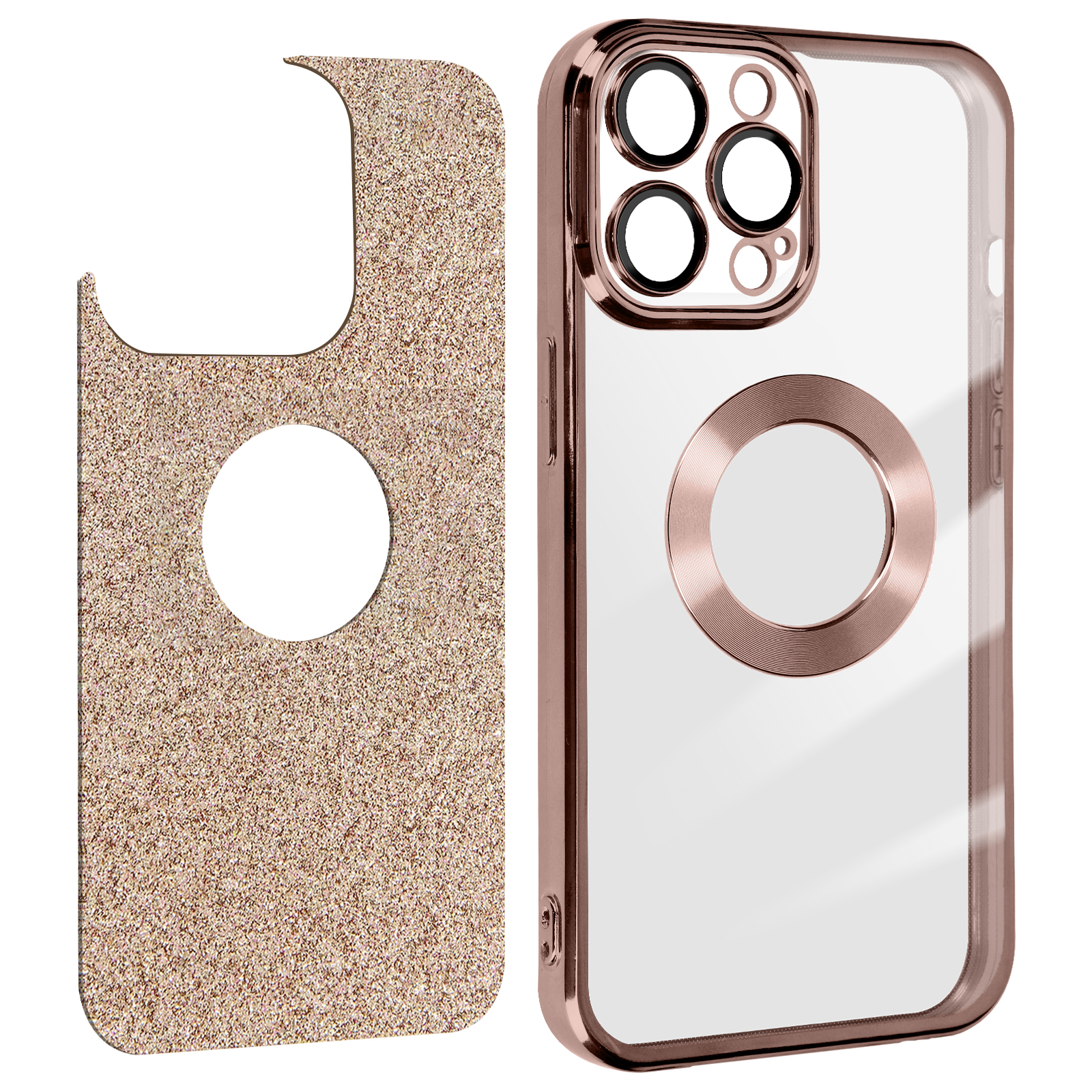 Funda de teléfono transparente con marco dorado y parte trasera con purpurina. Fondo blanco.