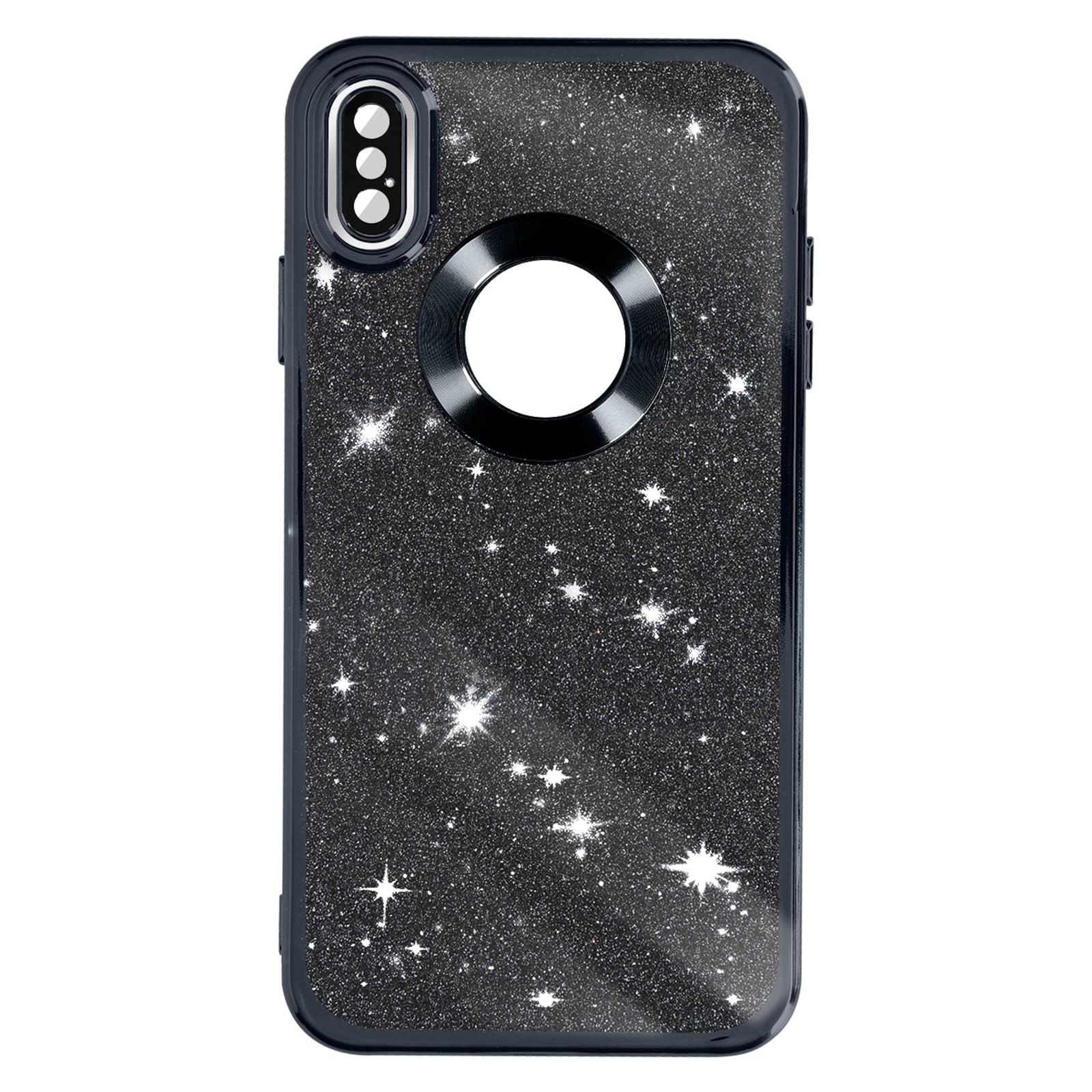 Custodia nera per telefono con design glitterato e ritaglio ad anello.