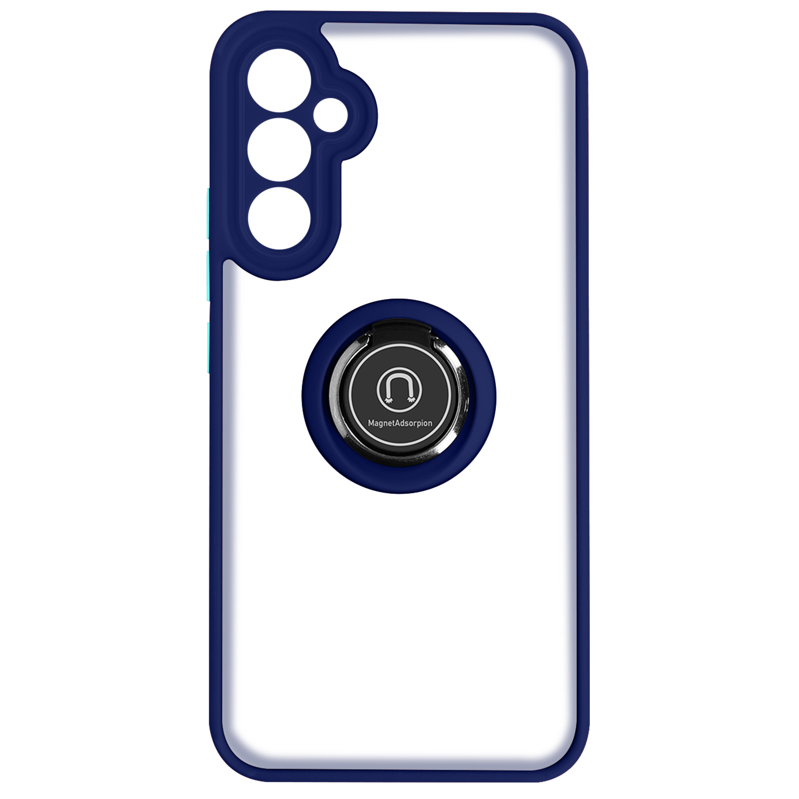 Custodia trasparente con bordi blu navy e anello.