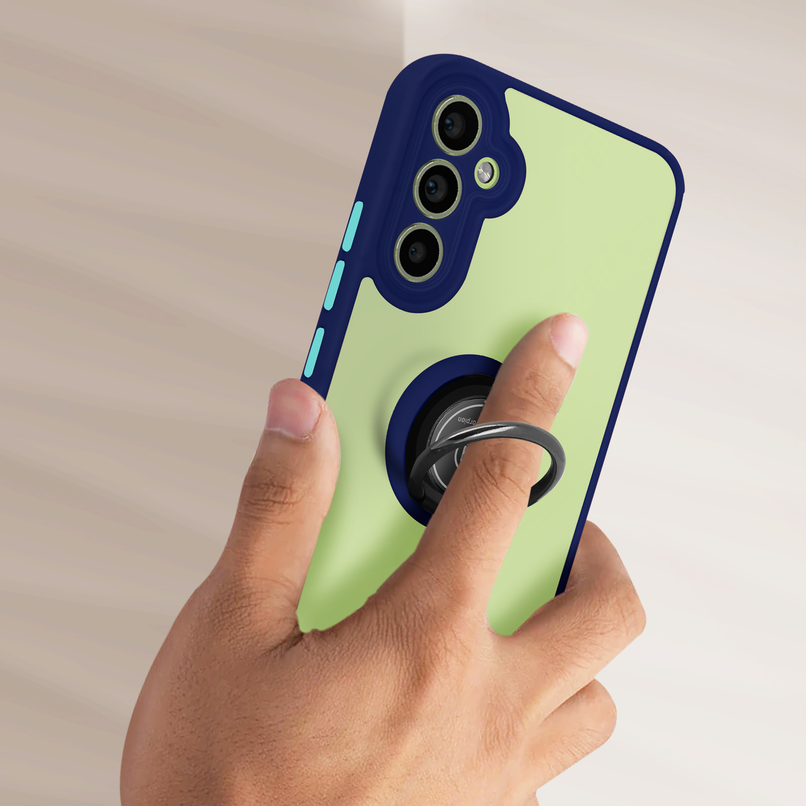 Custodia per telefono con anello, nei colori verde e blu.