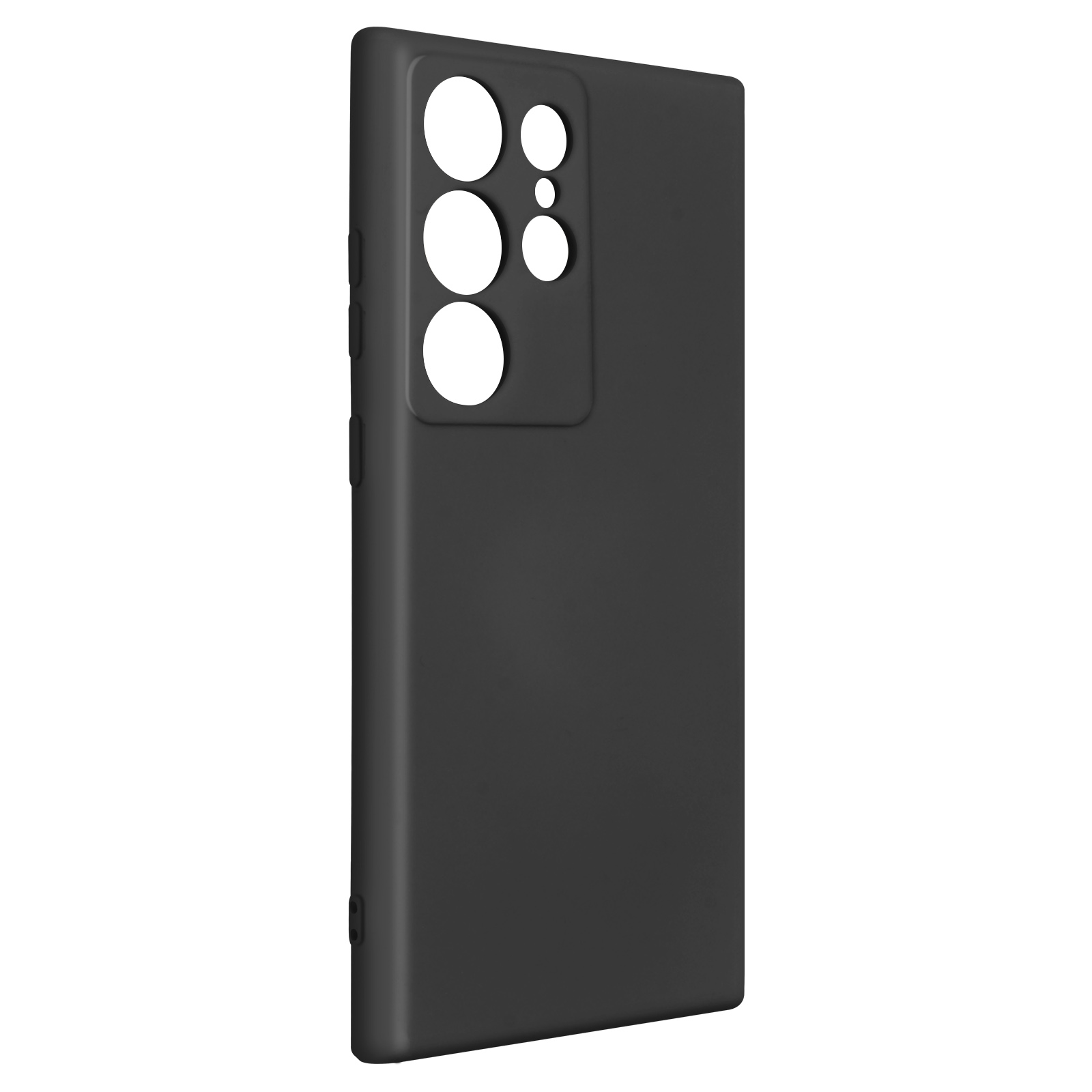 Una custodia per telefono nera con fori per le lenti della fotocamera, su sfondo bianco.