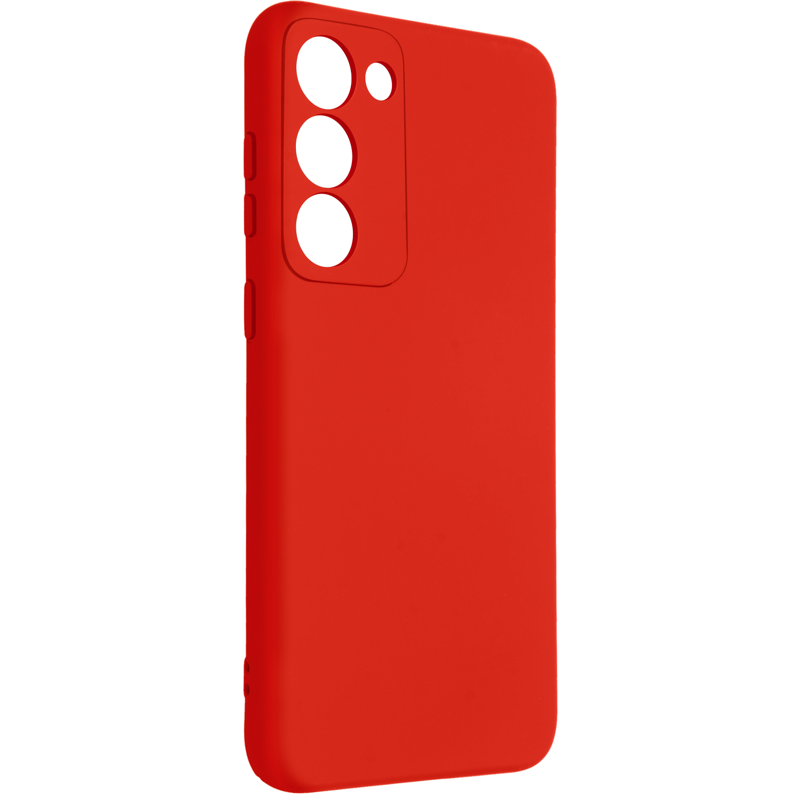 Una custodia per telefono rossa con fori per fotocamera e flash, su sfondo bianco.