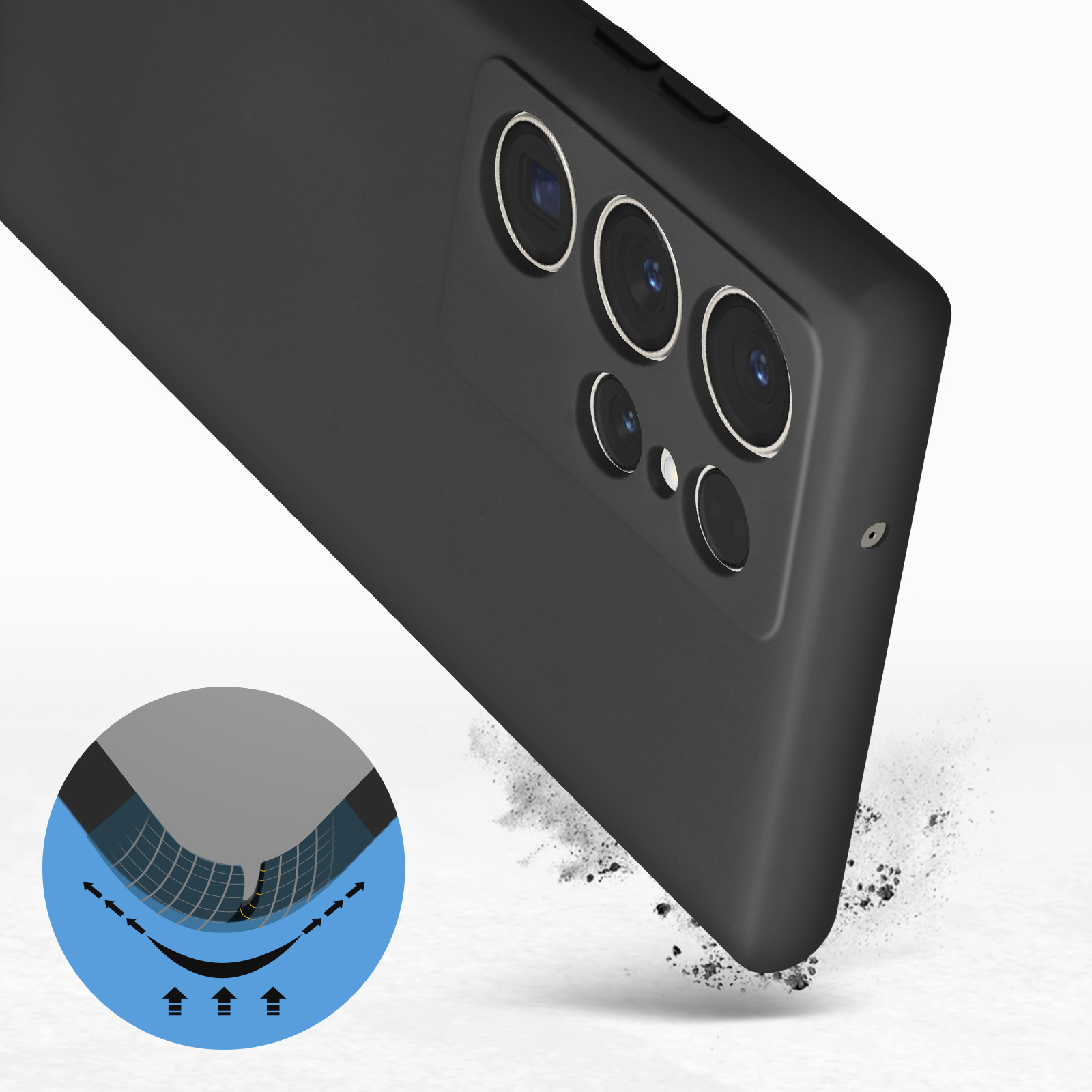 Una custodia nera per telefono con un cellulare e un diagramma che mostra le caratteristiche protettive.