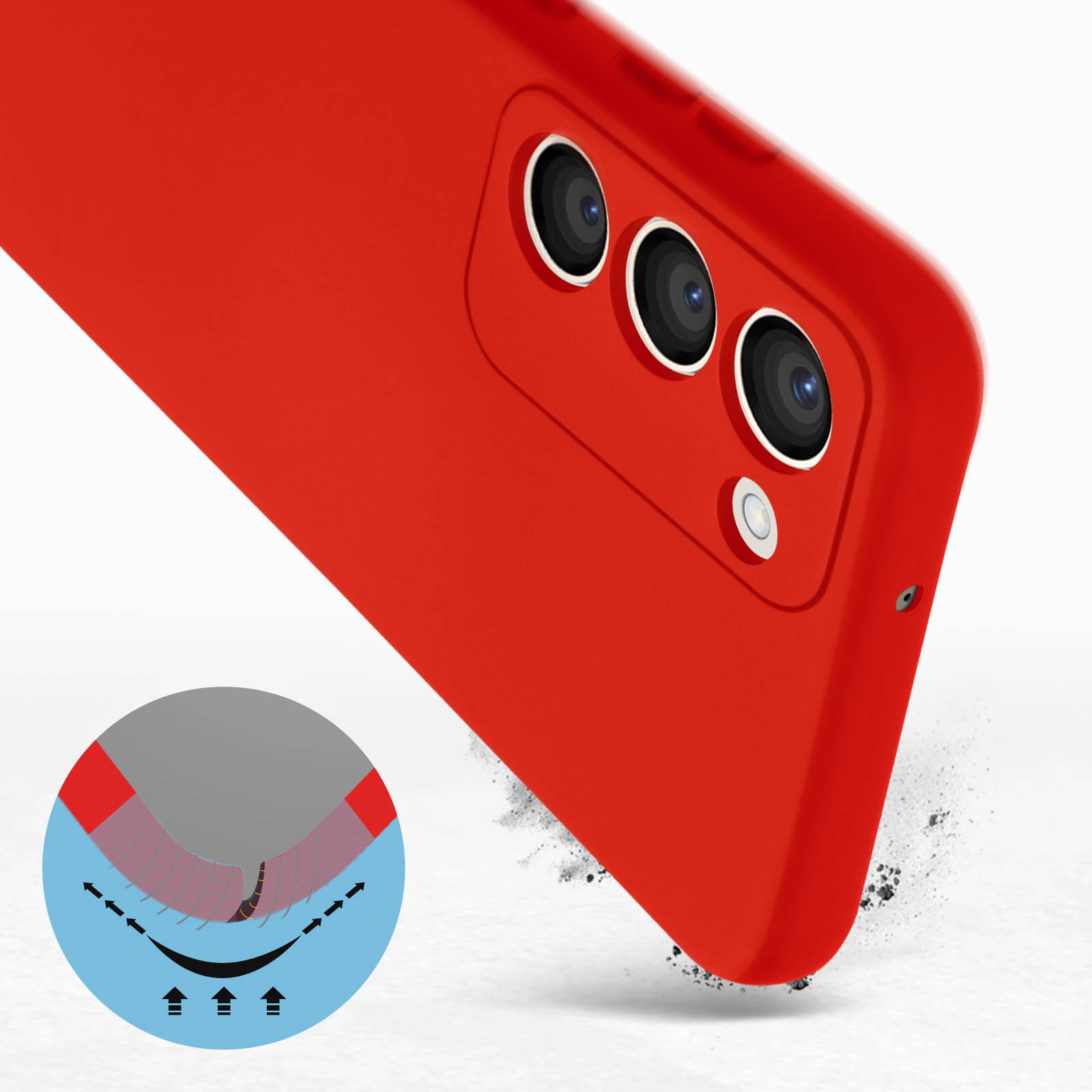 Custodia per telefono rossa con tre obiettivi della fotocamera. La custodia è angolata per mostrare il retro e il lato.