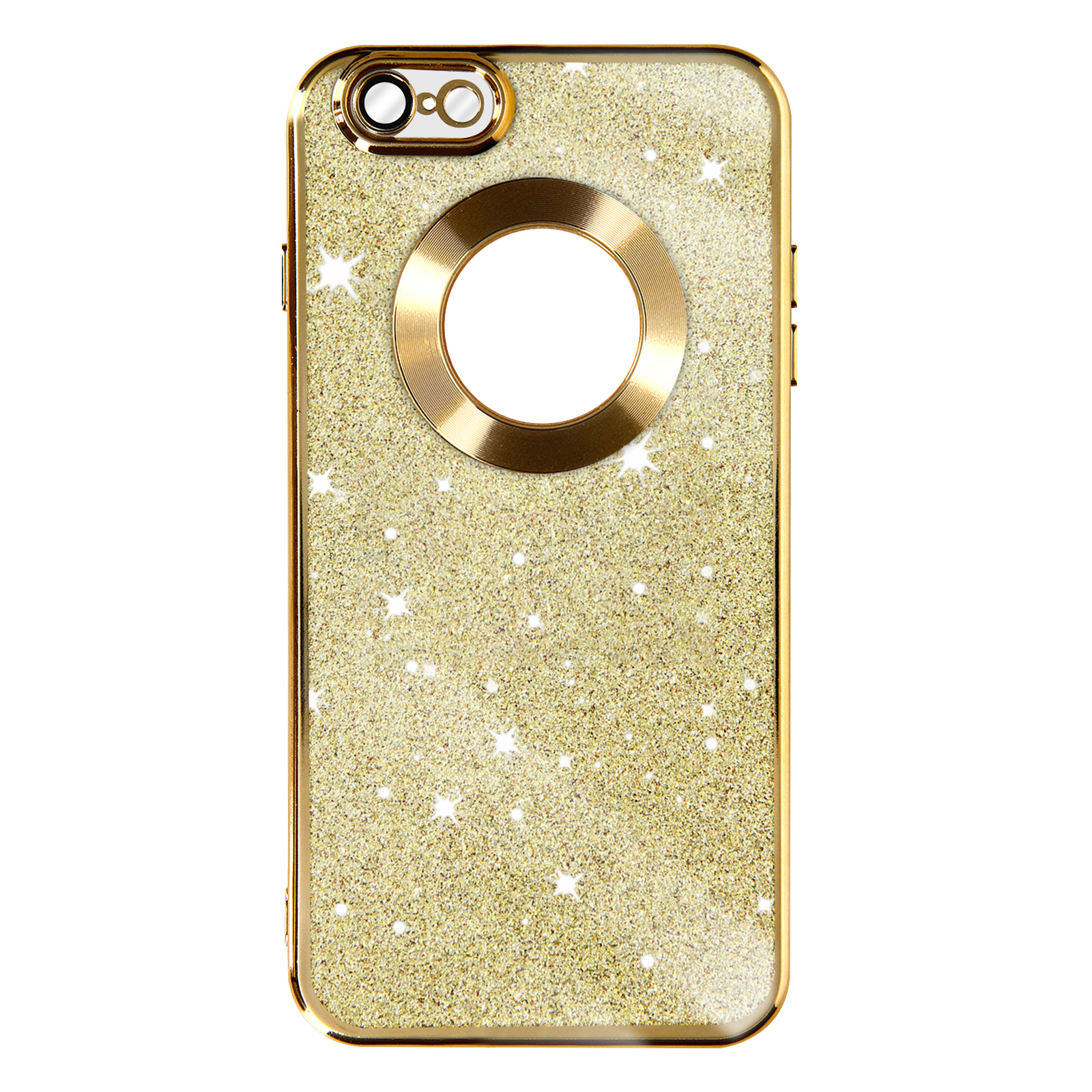 Una funda dorada con purpurina con un anillo dorado alrededor de la lente de la cámara y estrellas blancas.