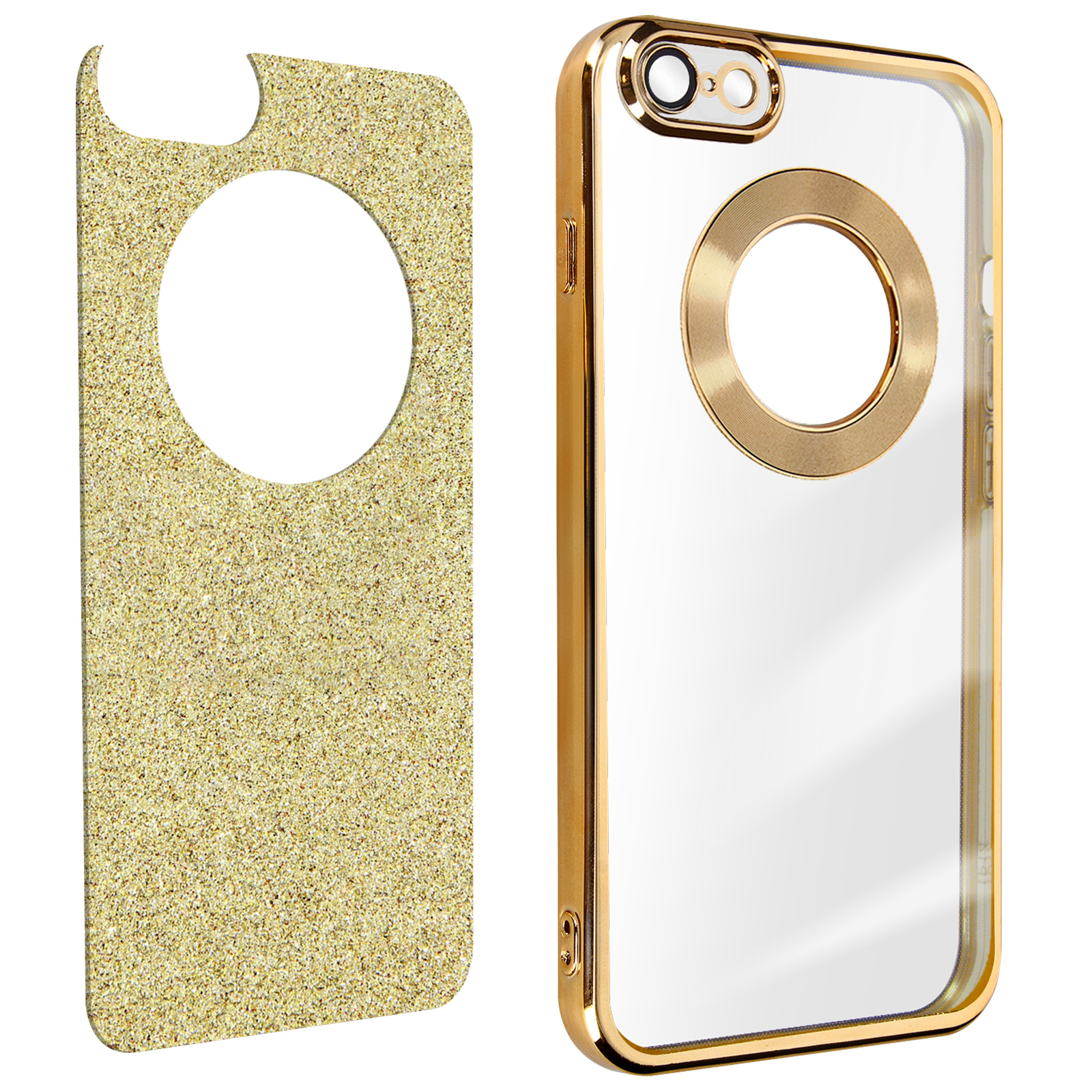 Dos fundas de teléfono, una con la parte trasera con purpurina y una transparente con borde dorado.