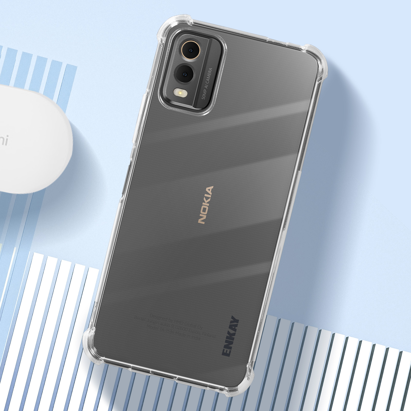 Custodia trasparente per telefono con un telefono all'interno, che mostra il logo Nokia e una fotocamera.
