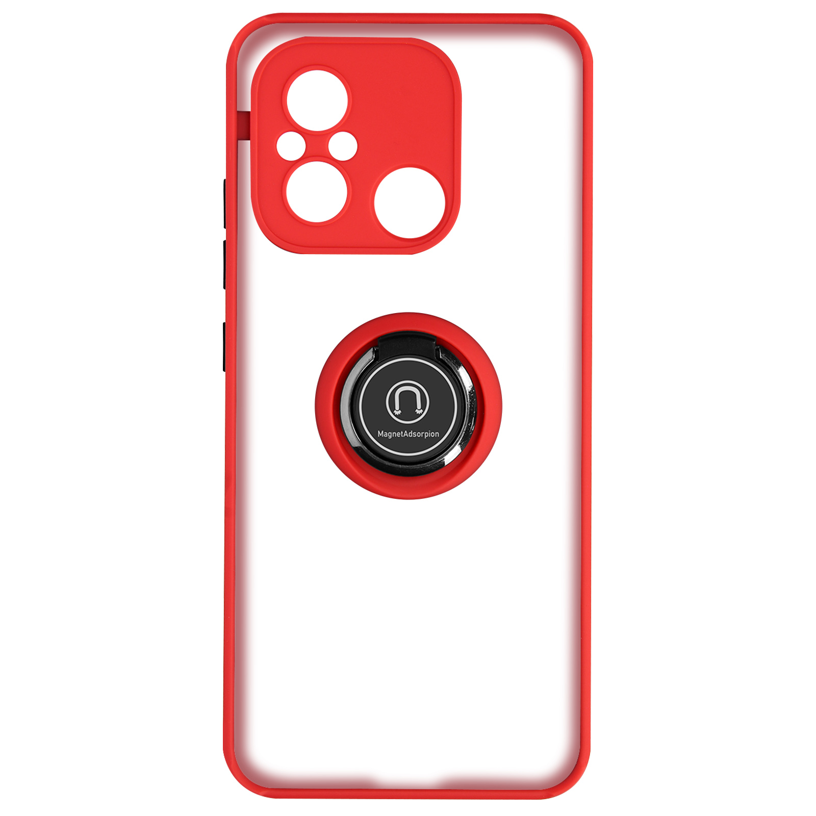 Custodia trasparente con cornice rossa, supporto ad anello e ritaglio fotocamera.