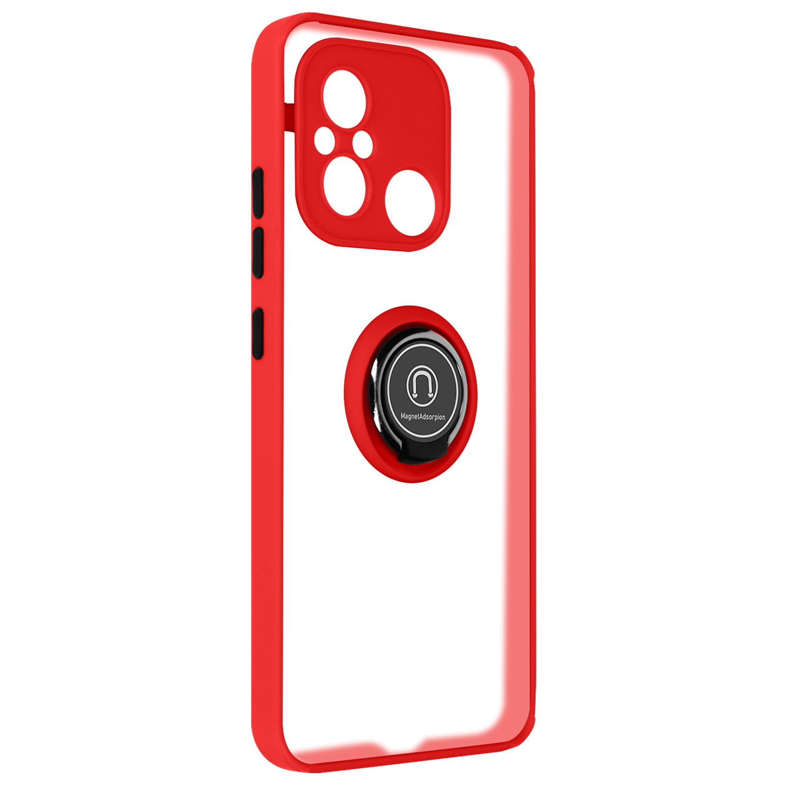 Una custodia rossa per telefono con un supporto ad anello nero, che mostra il retro di un telefono.