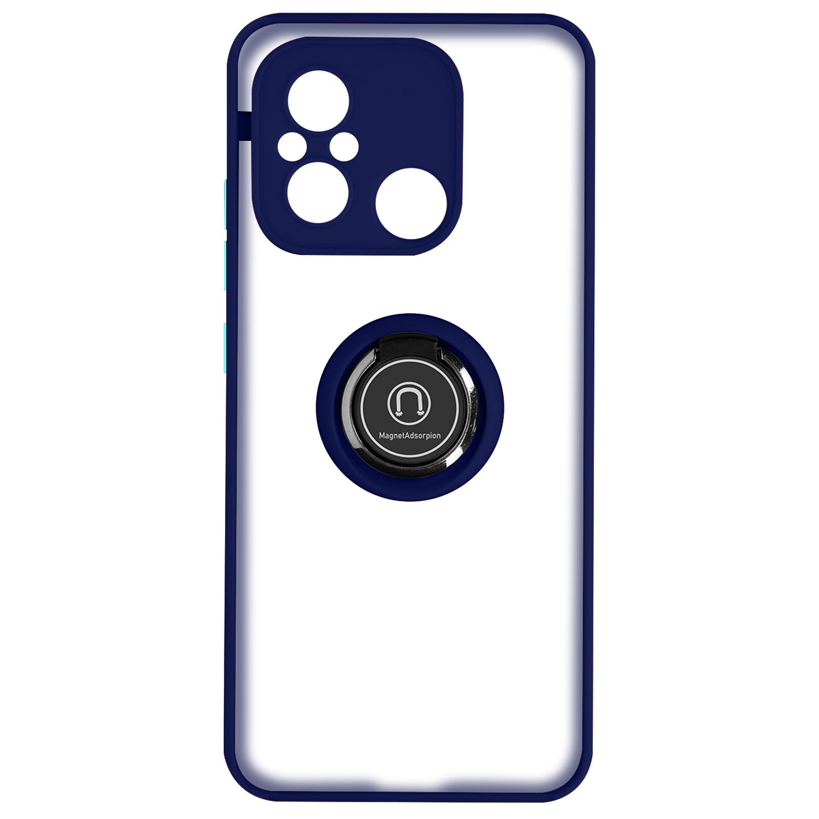 Custodia per telefono blu con supporto ad anello sul retro. Interno bianco.
