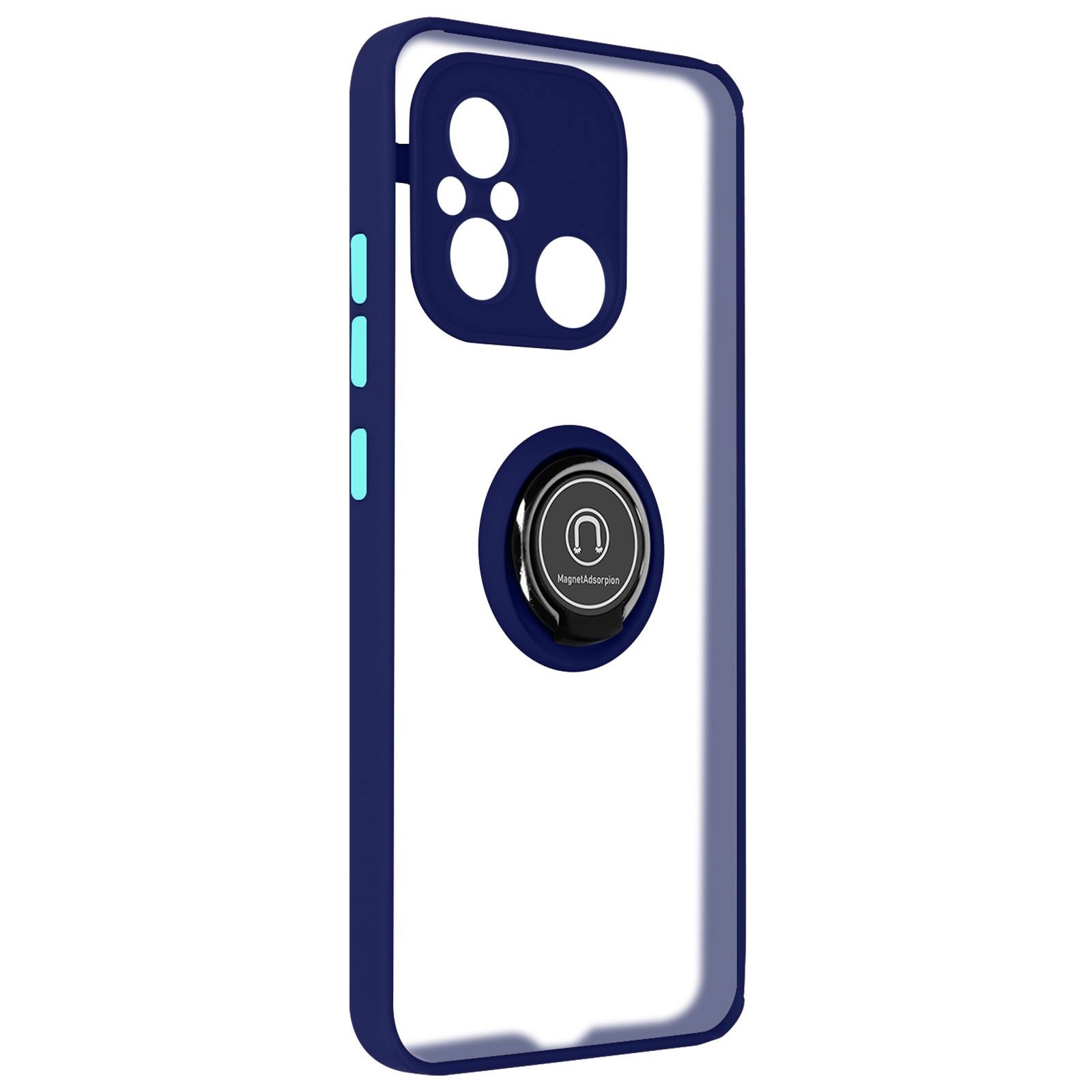 Una custodia per telefono blu e trasparente con un porta anello nero. La custodia è su sfondo bianco.