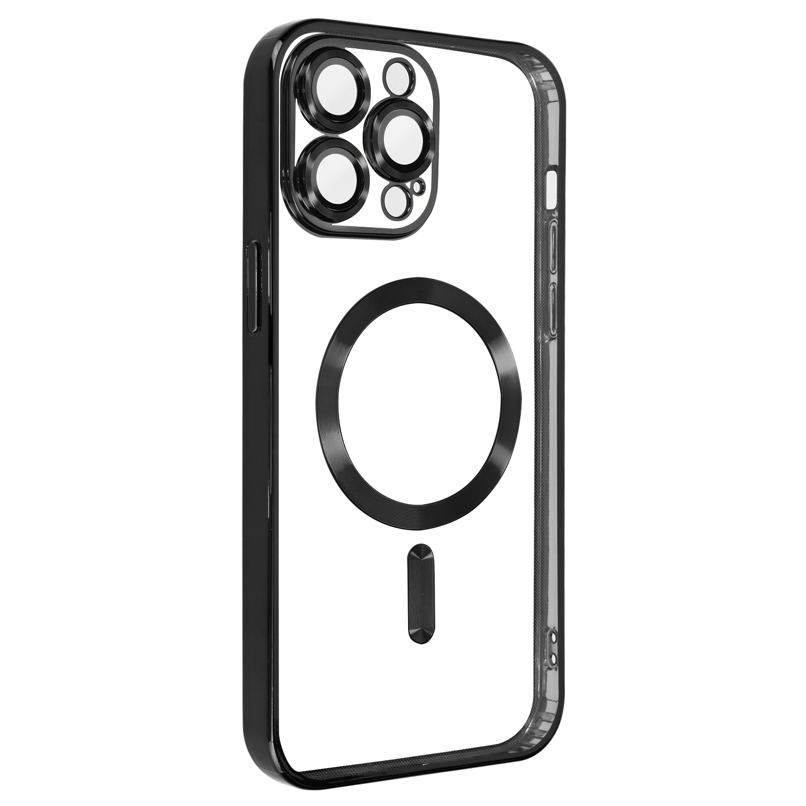 Custodia trasparente per telefono con dettagli neri, che mostra i ritagli della fotocamera.