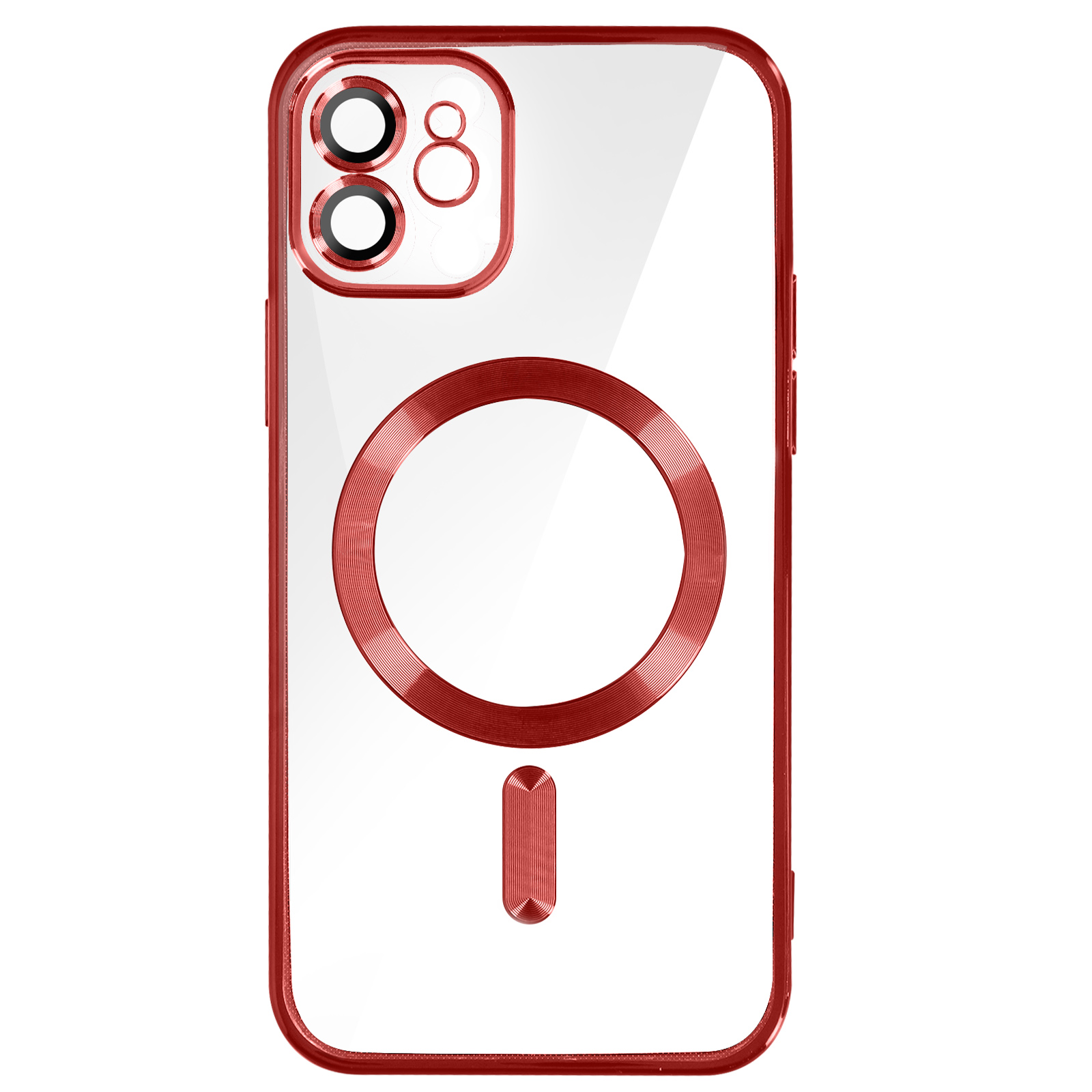 Custodia trasparente per telefono con dettagli rossi, che copre il retro. Ha un anello rosso.