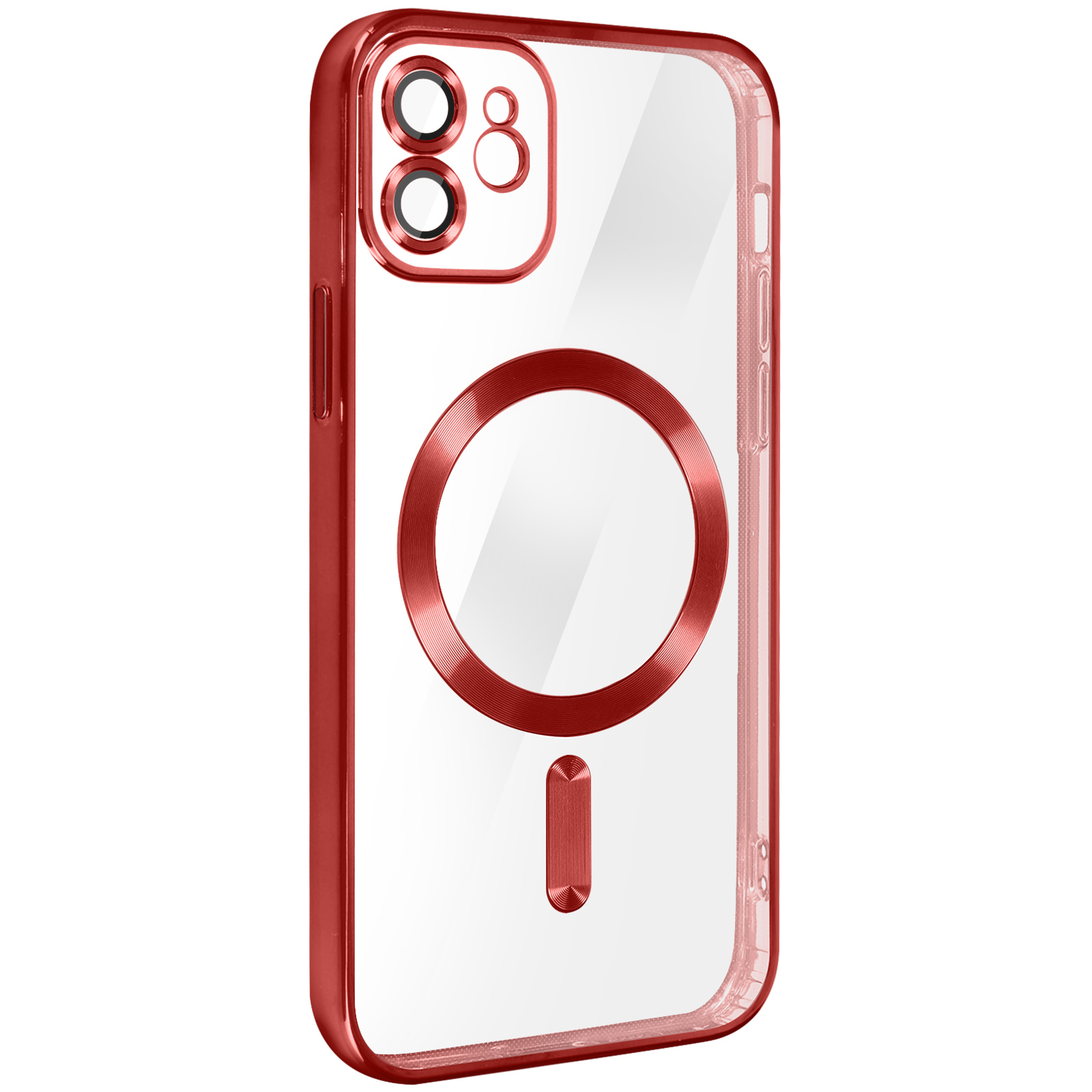 Una custodia rossa per telefono. Ha un retro trasparente e un cerchio rosso al centro.