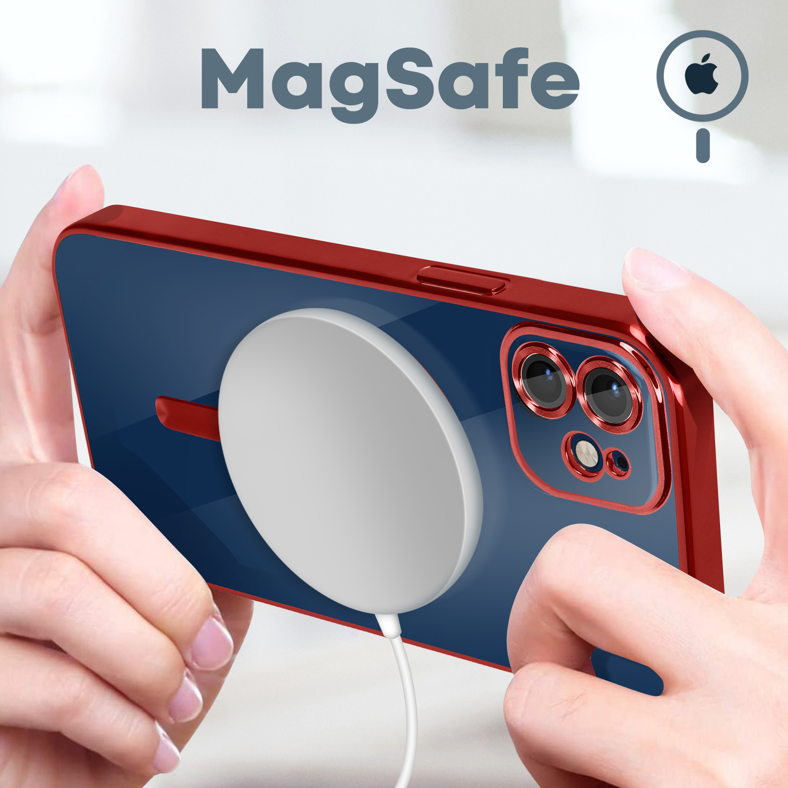Un telefono con custodia rossa, un caricabatterie bianco è collegato, con il logo MagSafe.