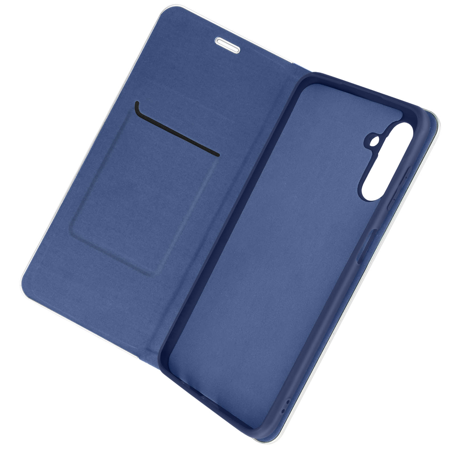Geöffnete Handyhülle mit blauem Innenraum. Ein Handy-förmiger Ausschnitt ist sichtbar.