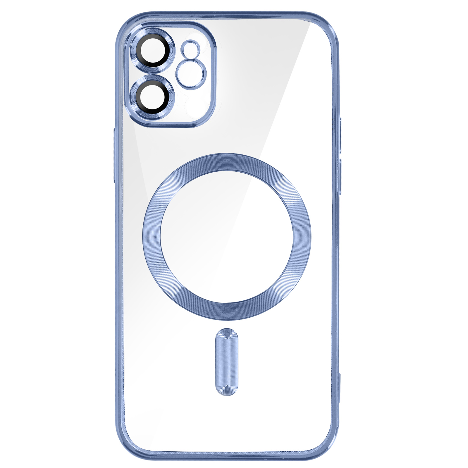 Custodia per telefono trasparente con cornice blu e anello blu sul retro.