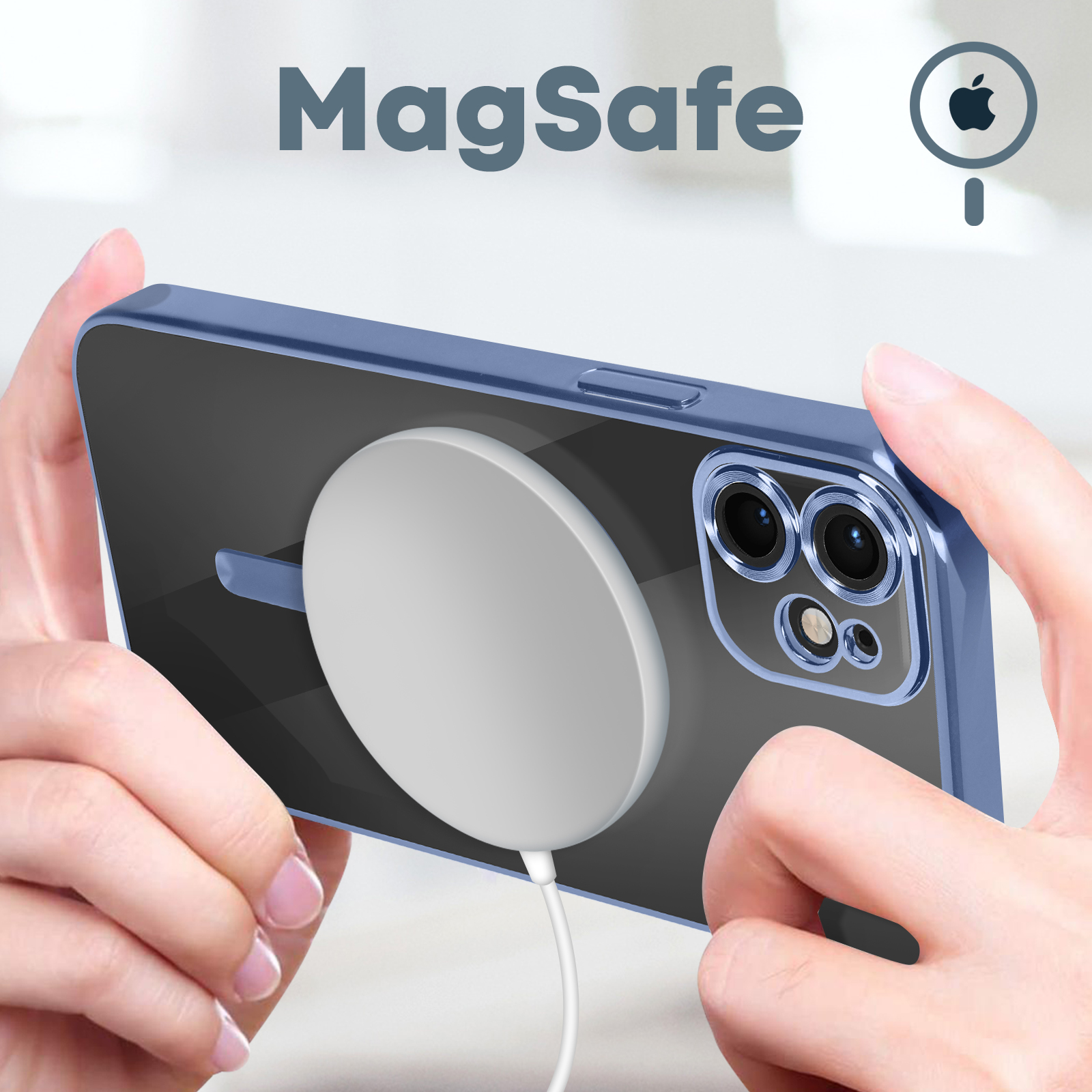 Una mano che tiene un telefono con una custodia blu e un caricatore MagSafe bianco collegato.