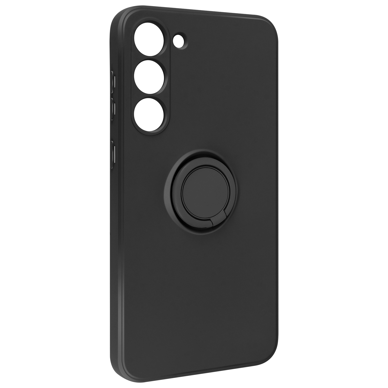 Custodia per telefono nera con supporto ad anello. Ha ritagli per obiettivi della fotocamera e pulsanti. La custodia è su una superficie bianca.