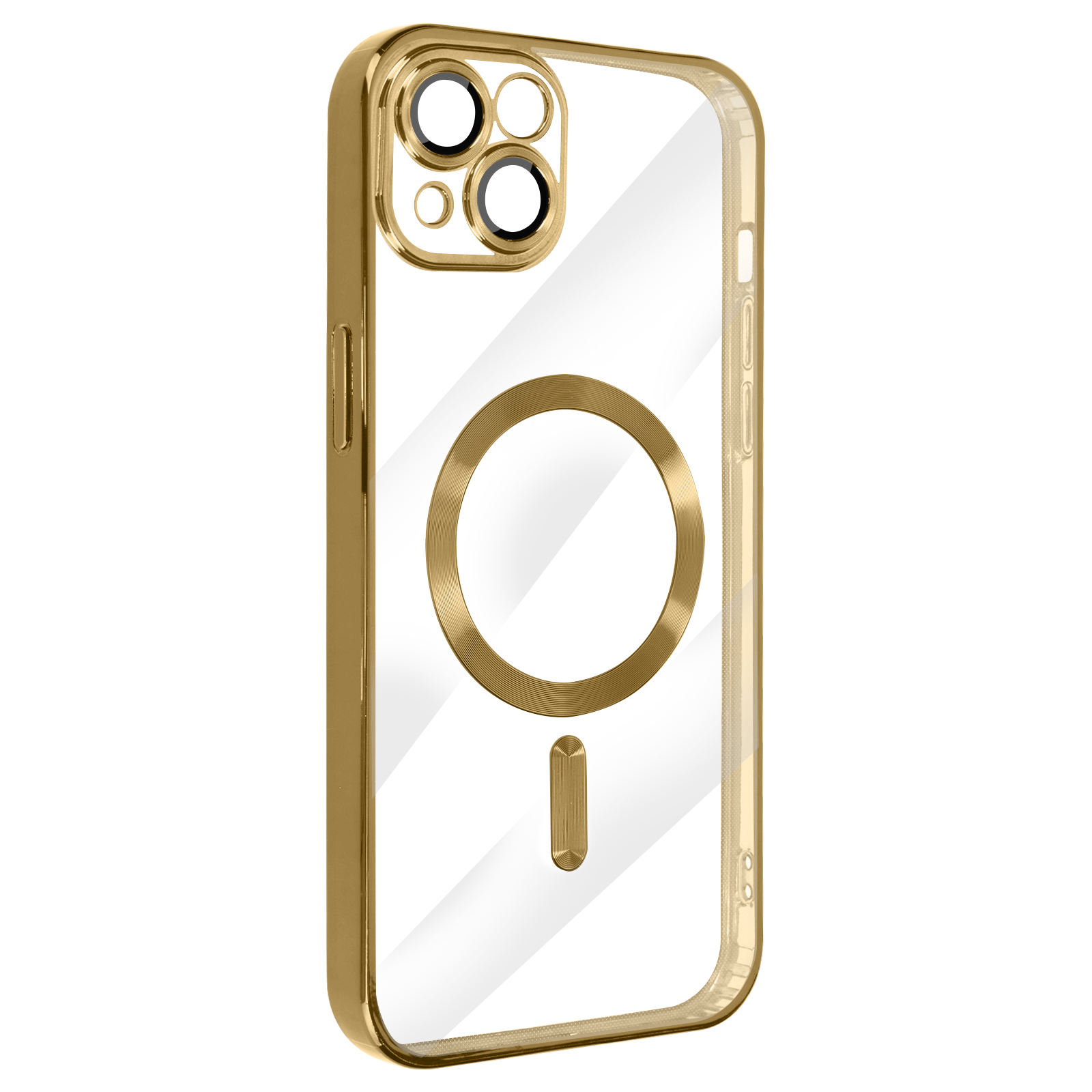 Eine transparente Handyhülle mit goldenem Rand und einem goldenen Kreis auf der Rückseite.