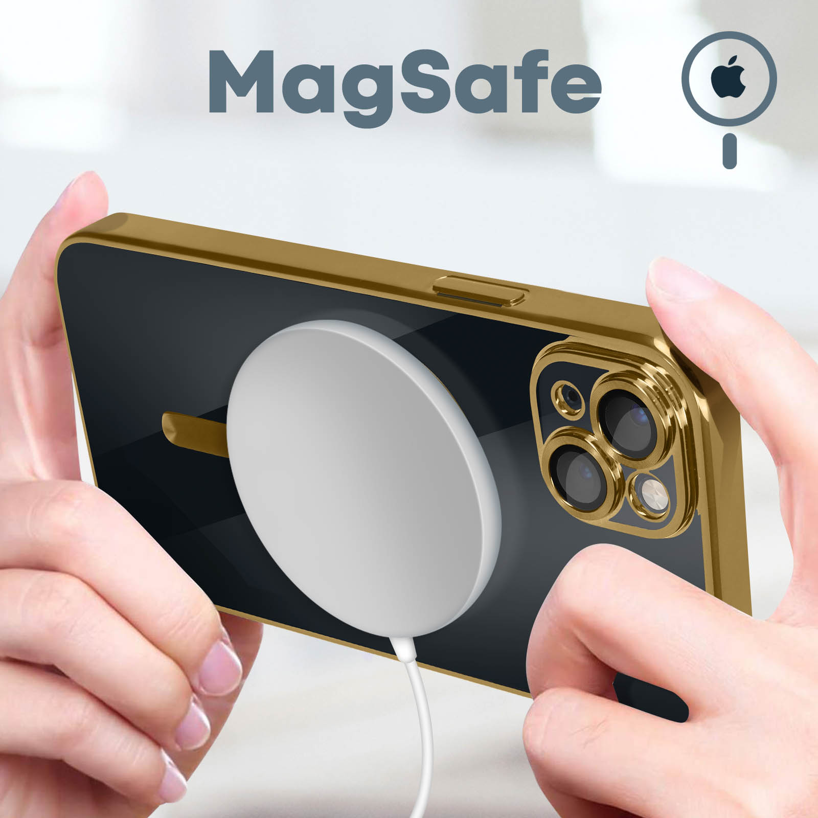 Eine Hand, die eine Handyhülle hält und ein Telefon und MagSafe zeigt.