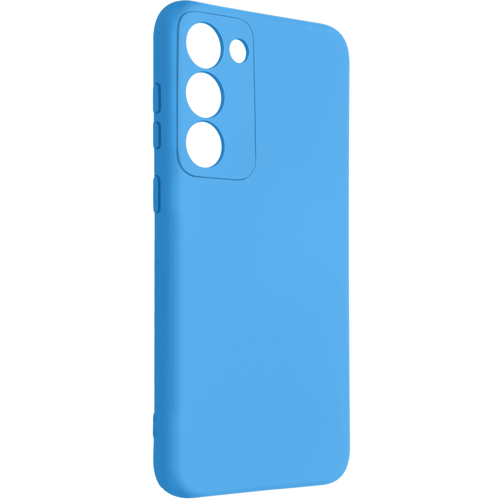 Custodia blu per telefono con pulsanti e fori per la fotocamera. La custodia ha una superficie liscia e copre il retro.