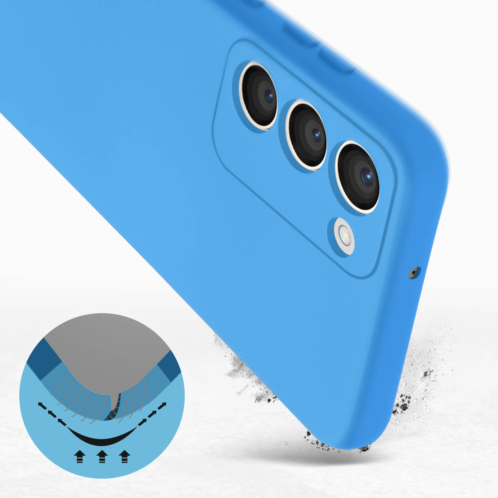 Una custodia blu per telefono con un rialzo per la fotocamera. Viene mostrata una rappresentazione grafica della resistenza agli urti.
