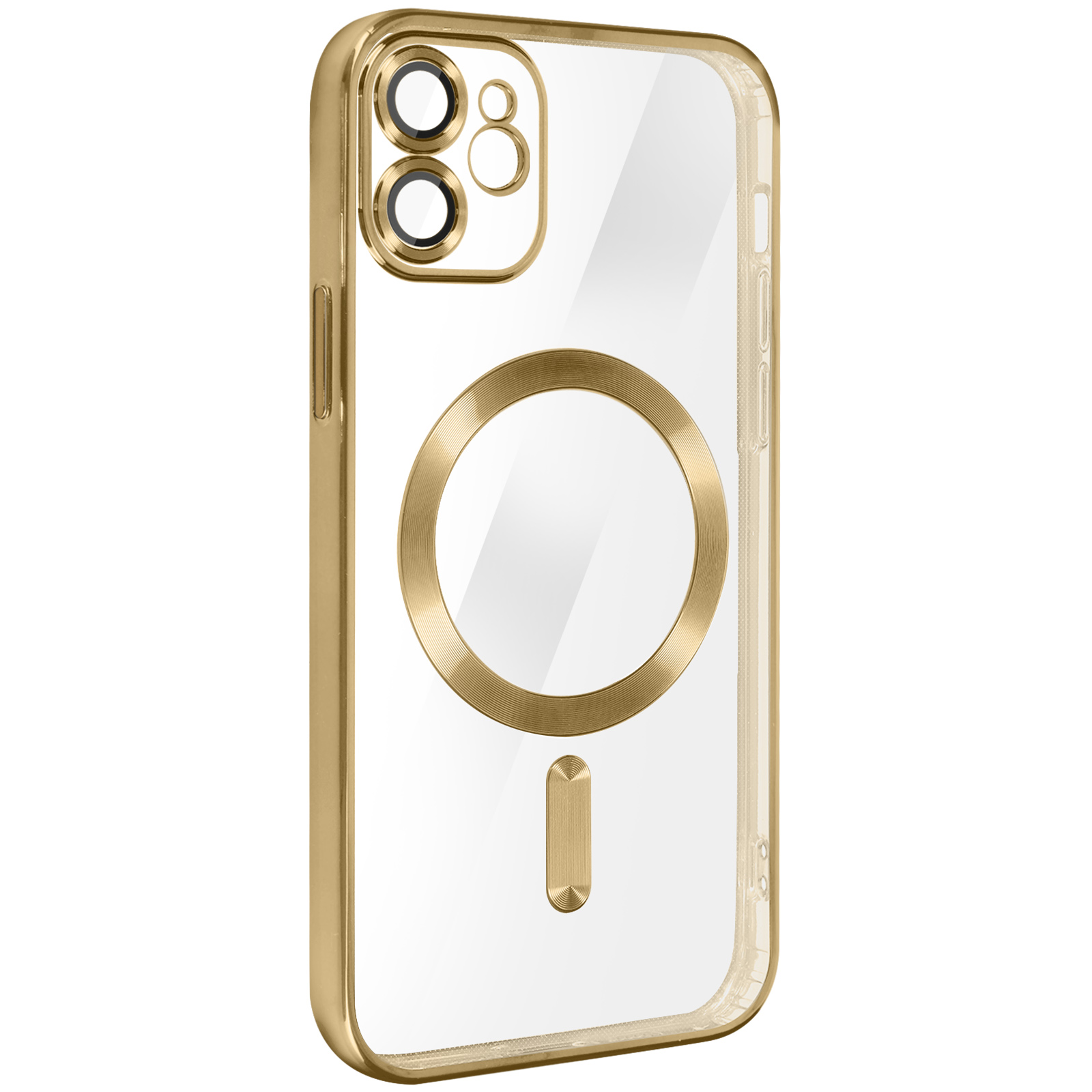 È mostrata una custodia dorata per telefono. Ha un retro trasparente e una cornice dorata attorno ai bordi e all'area della fotocamera, e un cerchio magnetico.